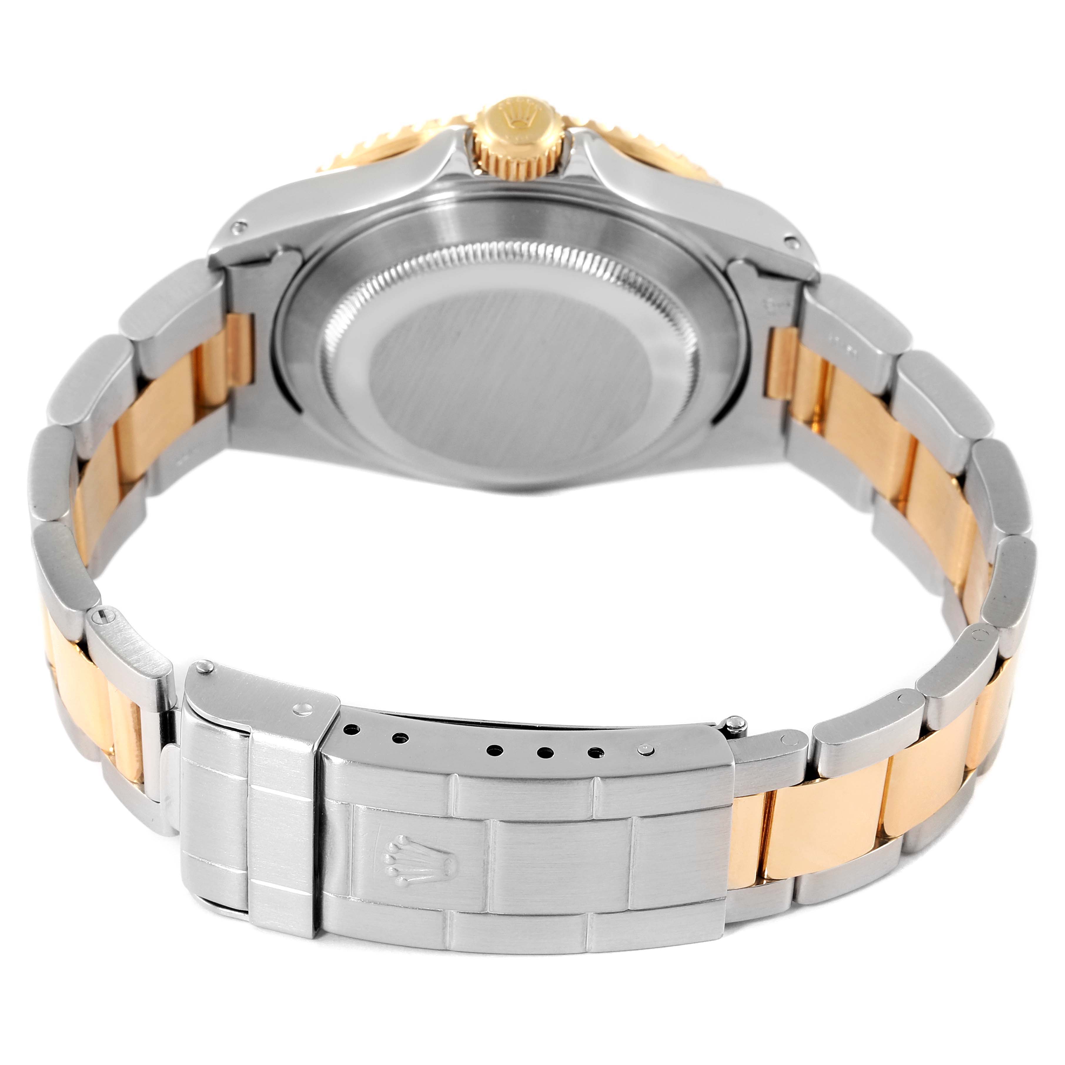 The image shows the back and bracelet of a Rolex Submariner 16613 Men's Steel and Gold (two tone) Grey Dial 16613 Men's Steel and Gold (two tone) Grey Dial watch, highlighting the clasp and case back.