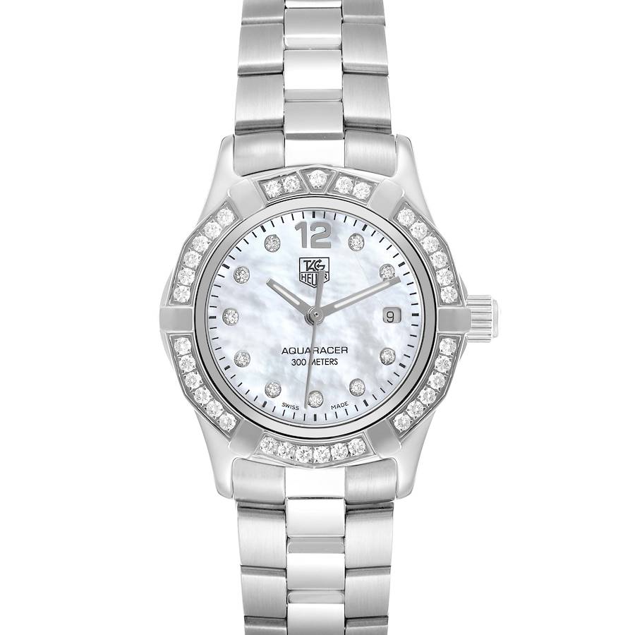 The Tag Heuer Aquaracer model WAF1416 watch is shown from a top-down angle, displaying the face, bezel adorned with gems, and the top part of the bracelet.