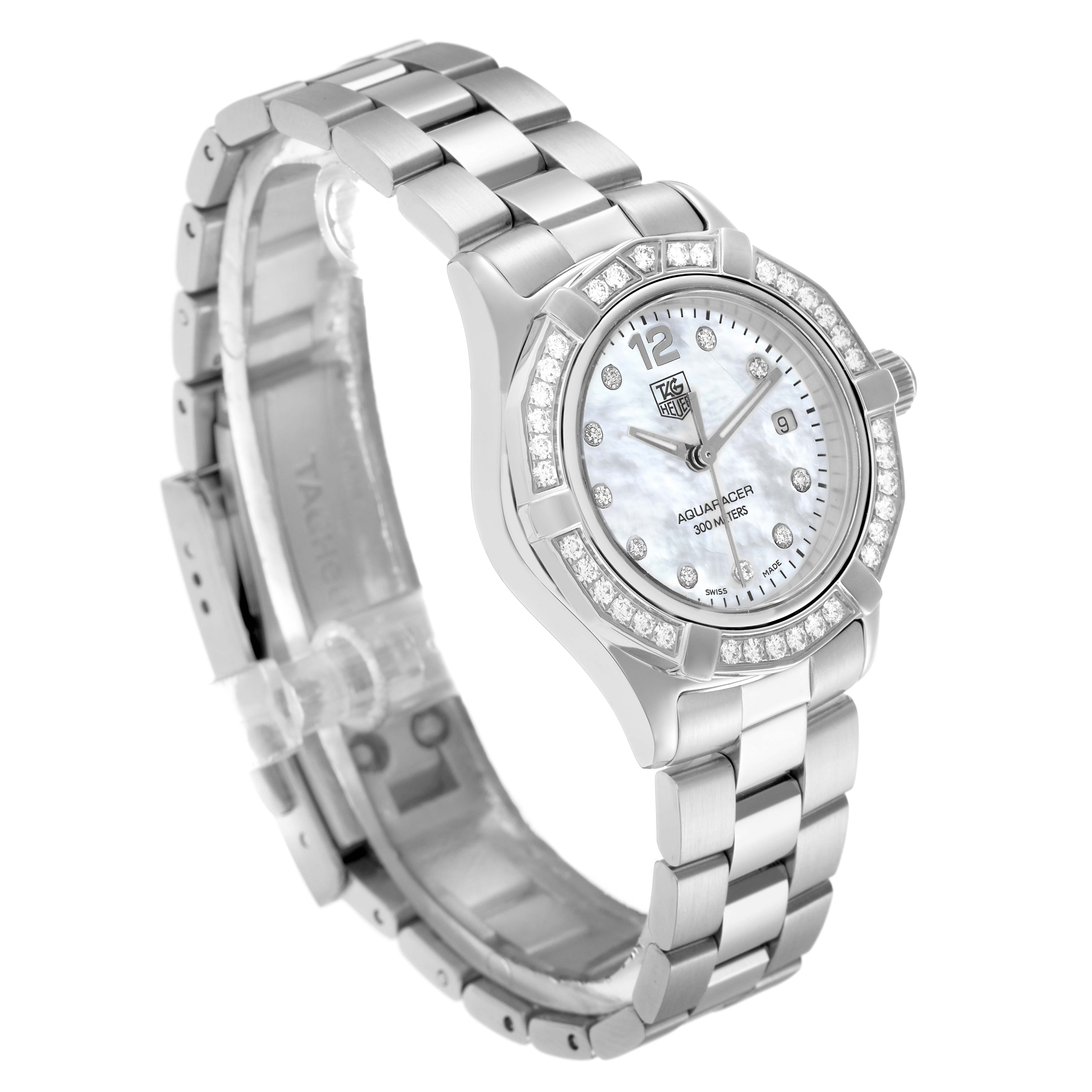 The Tag Heuer Aquaracer WAF1416 men
s watch is shown from a three-quarter angle, highlighting the dial, bezel, and bracelet.