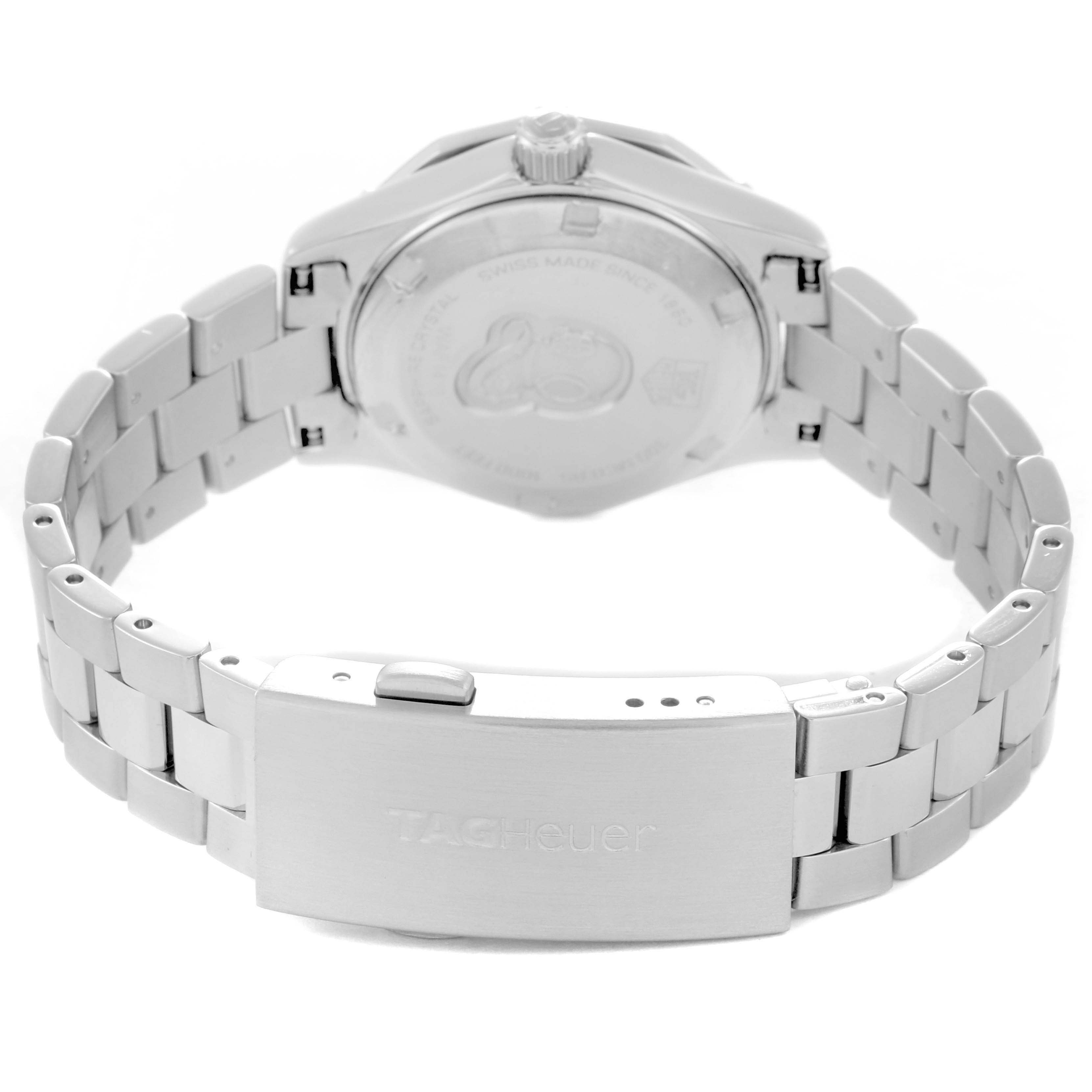 The image shows the back and strap of a Tag Heuer Aquaracer model WAF1416 men
s watch, highlighting the clasp and bracelet links.