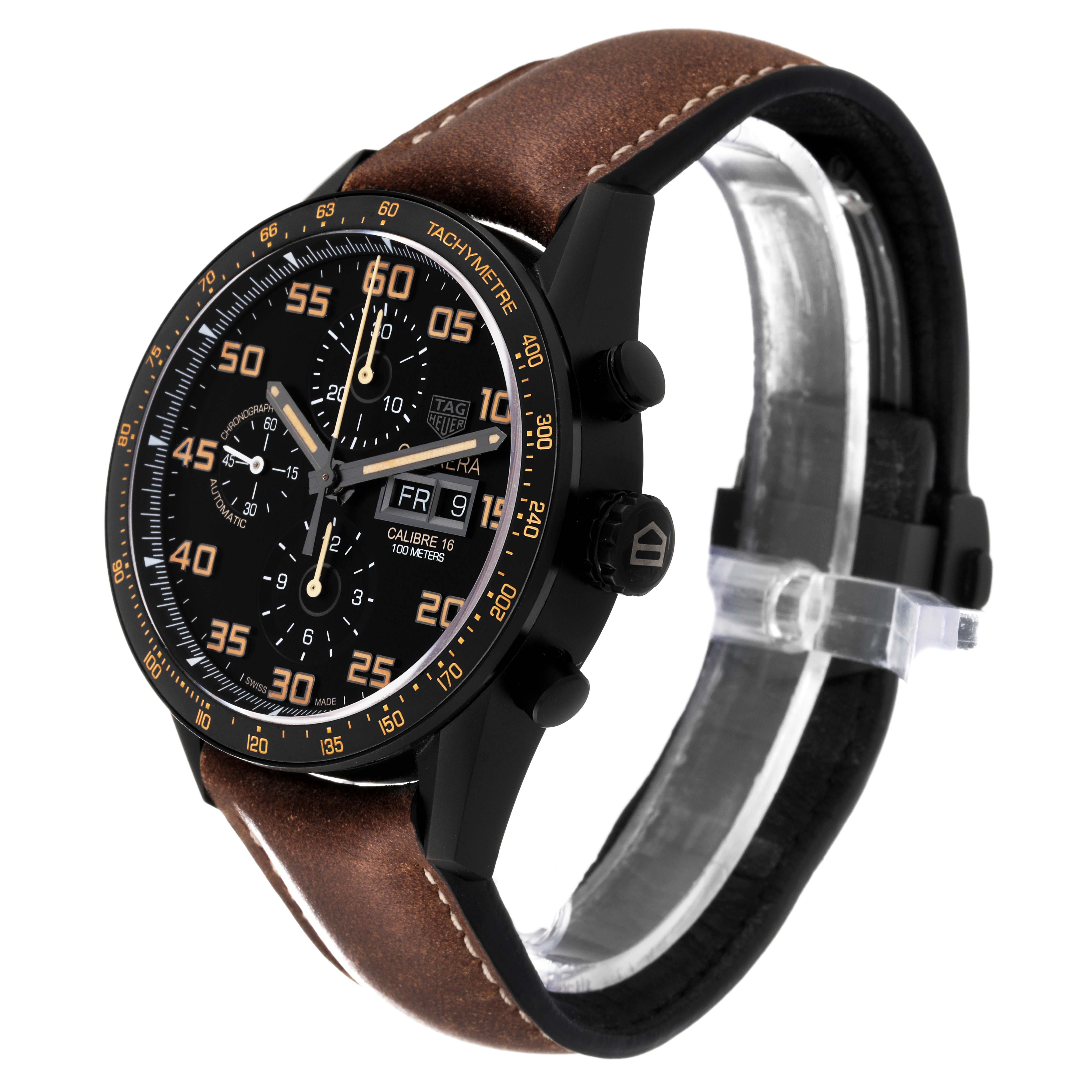 The image shows a side angle view of a Tag Heuer Carrera CV2A84.FC6394 Men's Titanium Black Dial CV2A84.FC6394 Men's Titanium Black Dial watch, highlighting its dial, bezel, and brown leather strap.