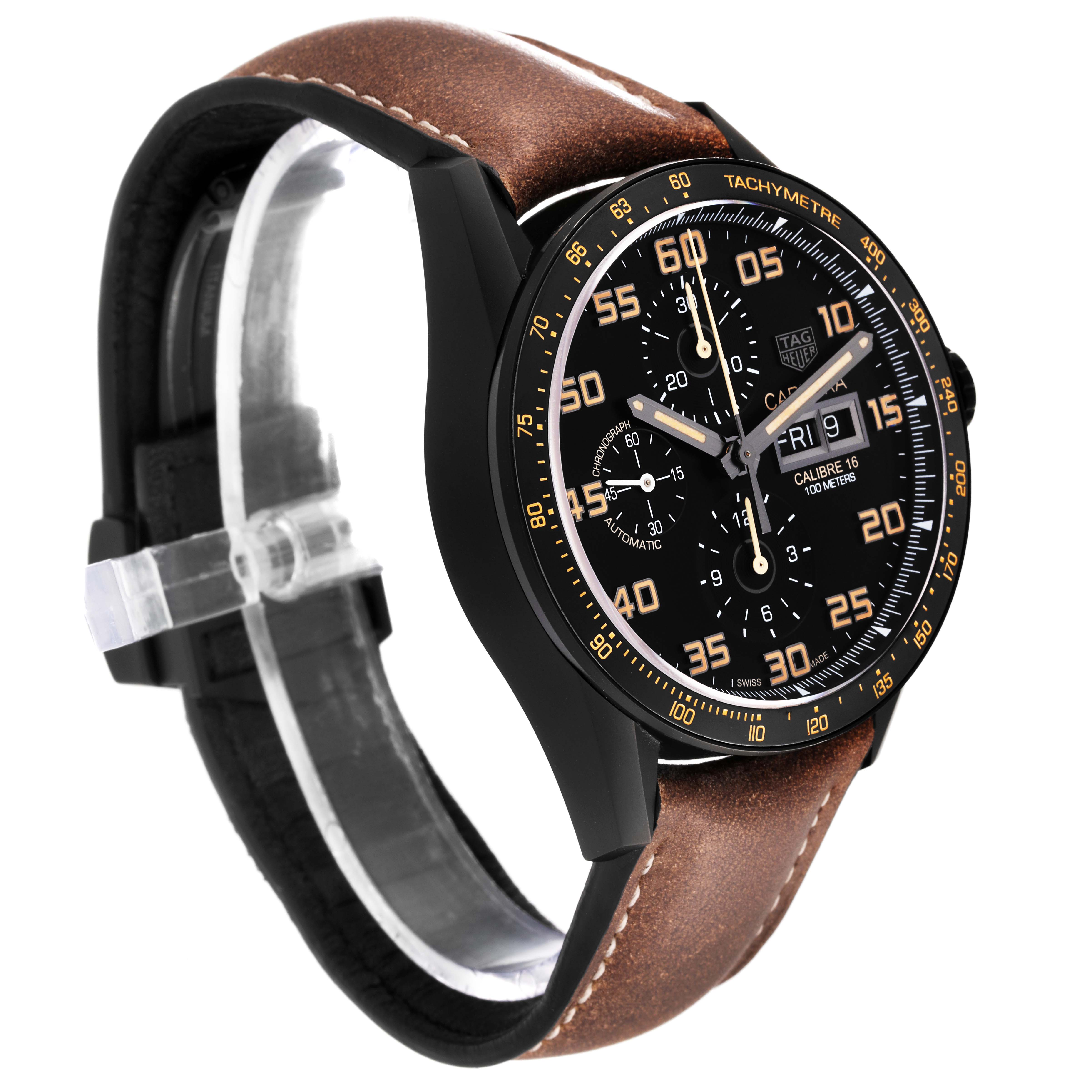 This Tag Heuer Carrera CV2A84.FC6394 Men's Titanium Black Dial CV2A84.FC6394 Men's Titanium Black Dial model watch is shown from a front-left angle, highlighting the watch face, bezel, and brown leather strap.