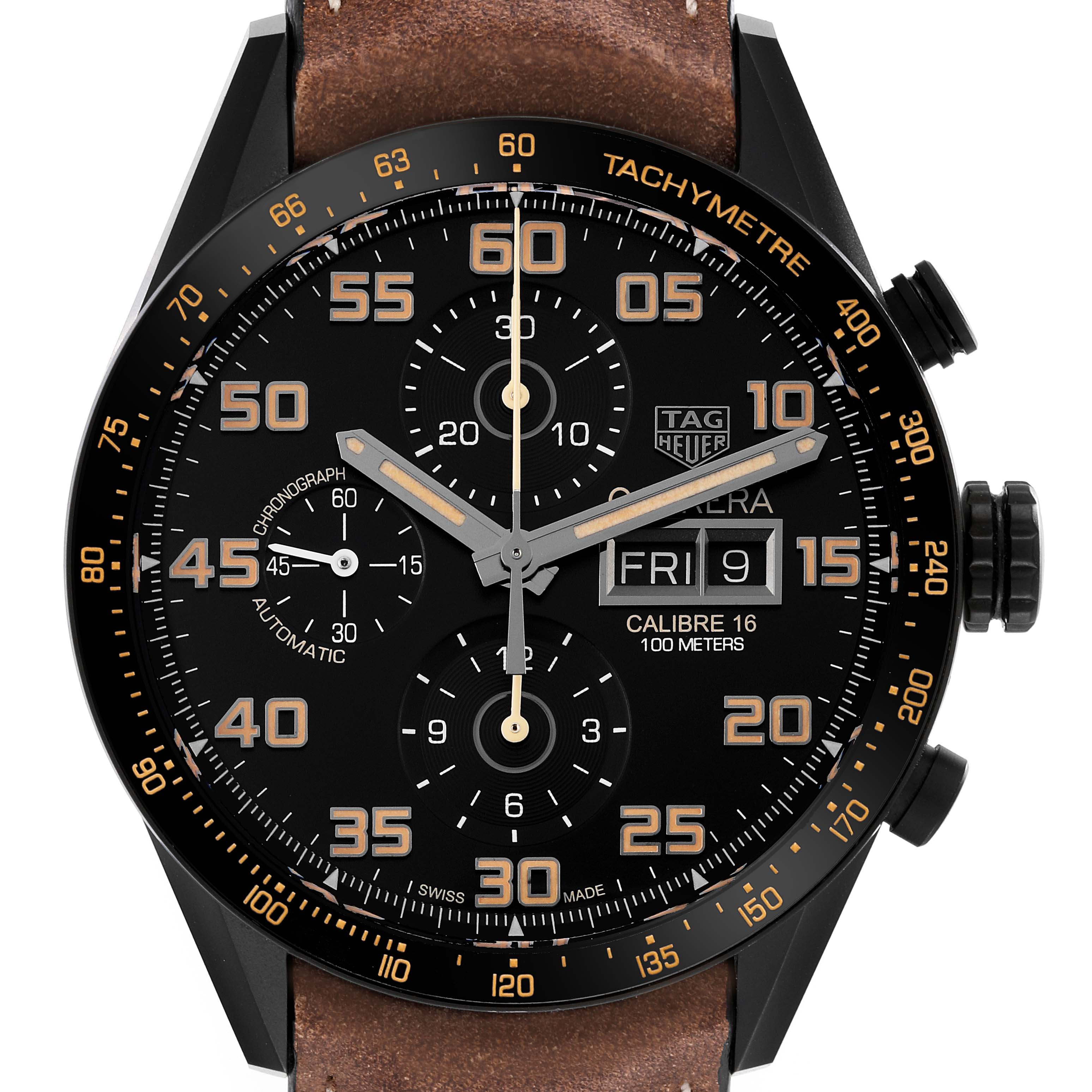 This image shows a frontal view of the Tag Heuer Carrera CV2A84.FC6394 Men's Titanium Black Dial CV2A84.FC6394 Men's Titanium Black Dial watch, highlighting its dial, subdials, hands, and leather strap.