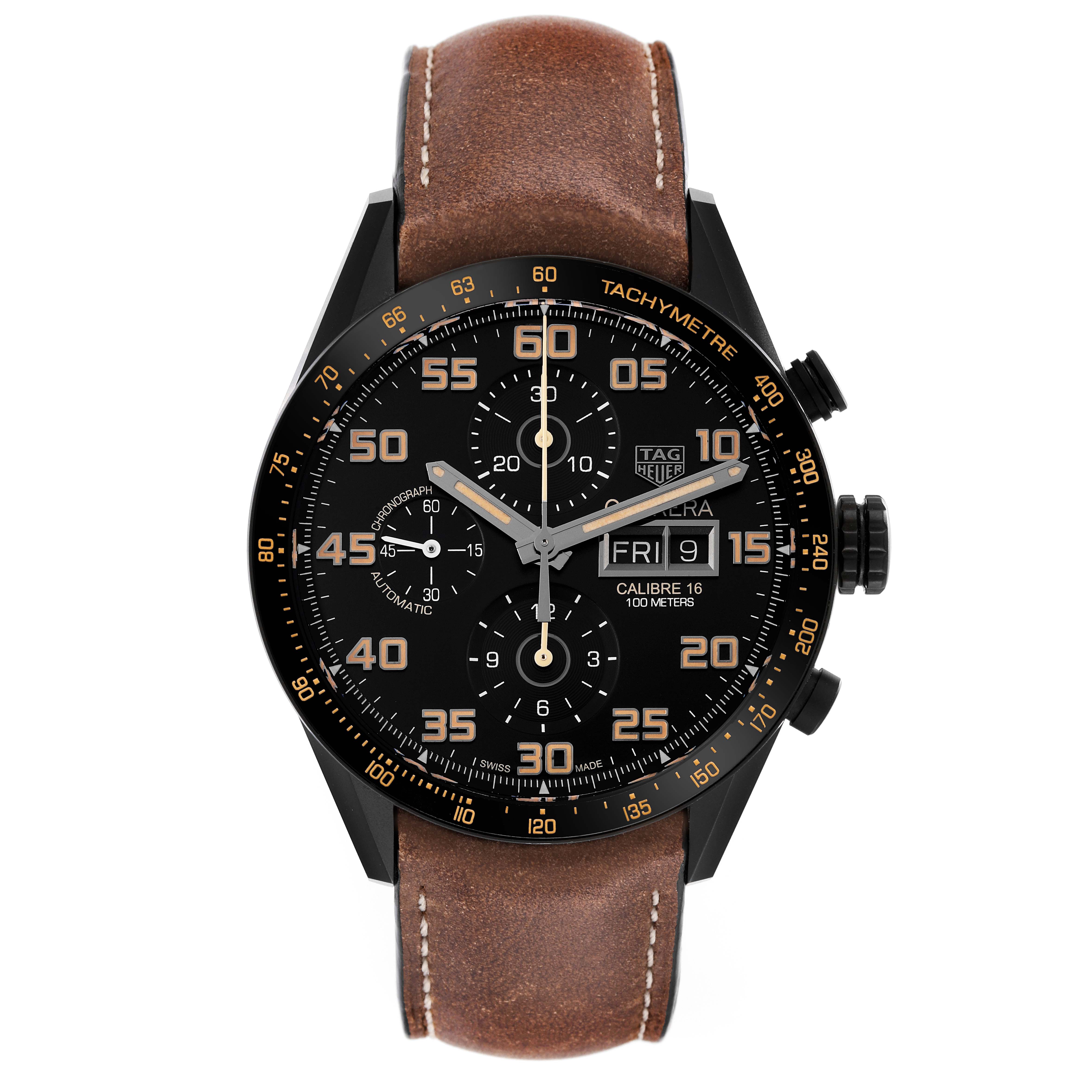 The Tag Heuer Carrera CV2A84.FC6394 Men's Titanium Black Dial CV2A84.FC6394 Men's Titanium Black Dial watch is shown from the front, highlighting the face, dials, and brown leather strap.
