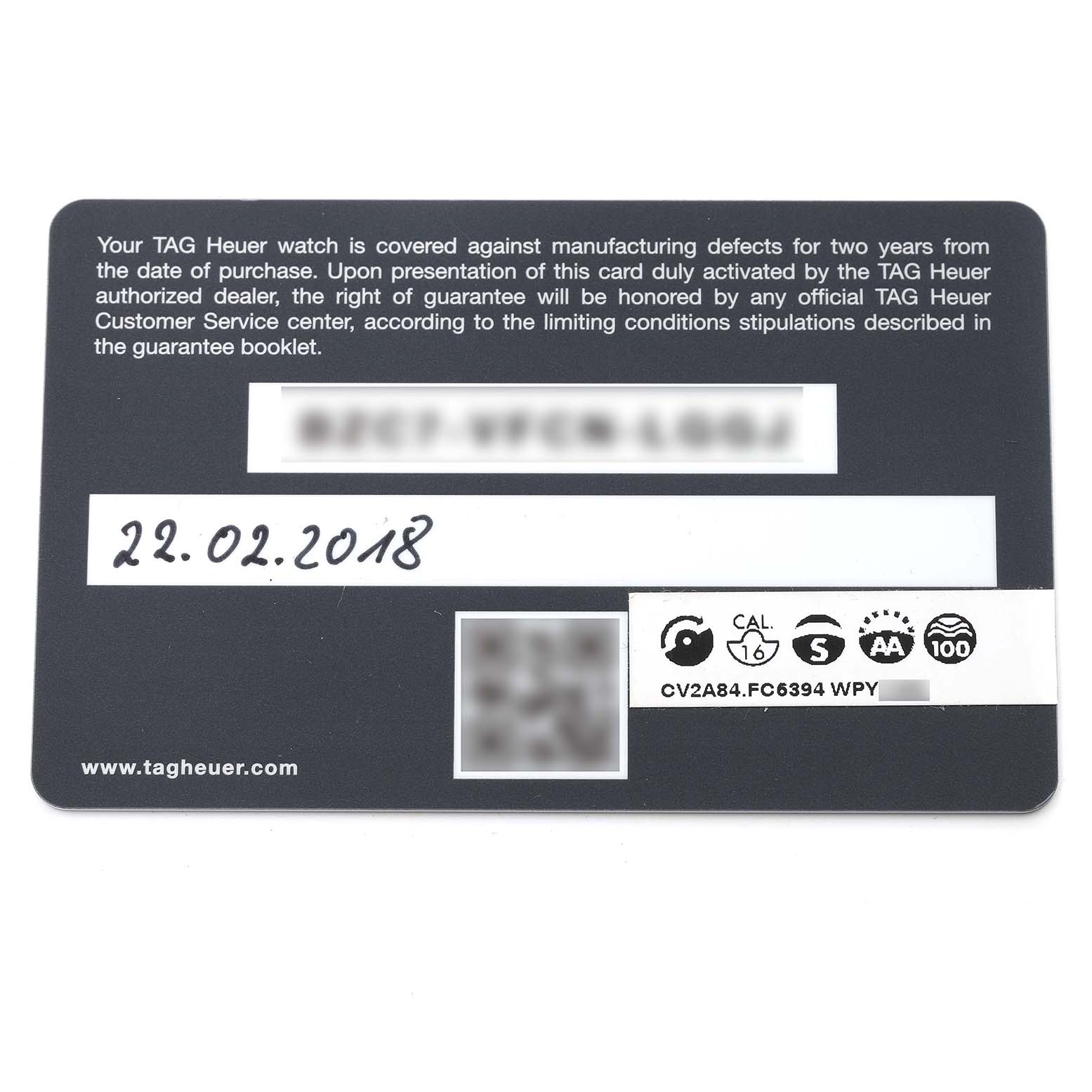 This image shows a warranty card for the Tag Heuer Carrera CV2A84.FC6394 Men's Titanium Black Dial CV2A84.FC6394 Men's Titanium Black Dial model, displaying the issuing date and terms of coverage.
