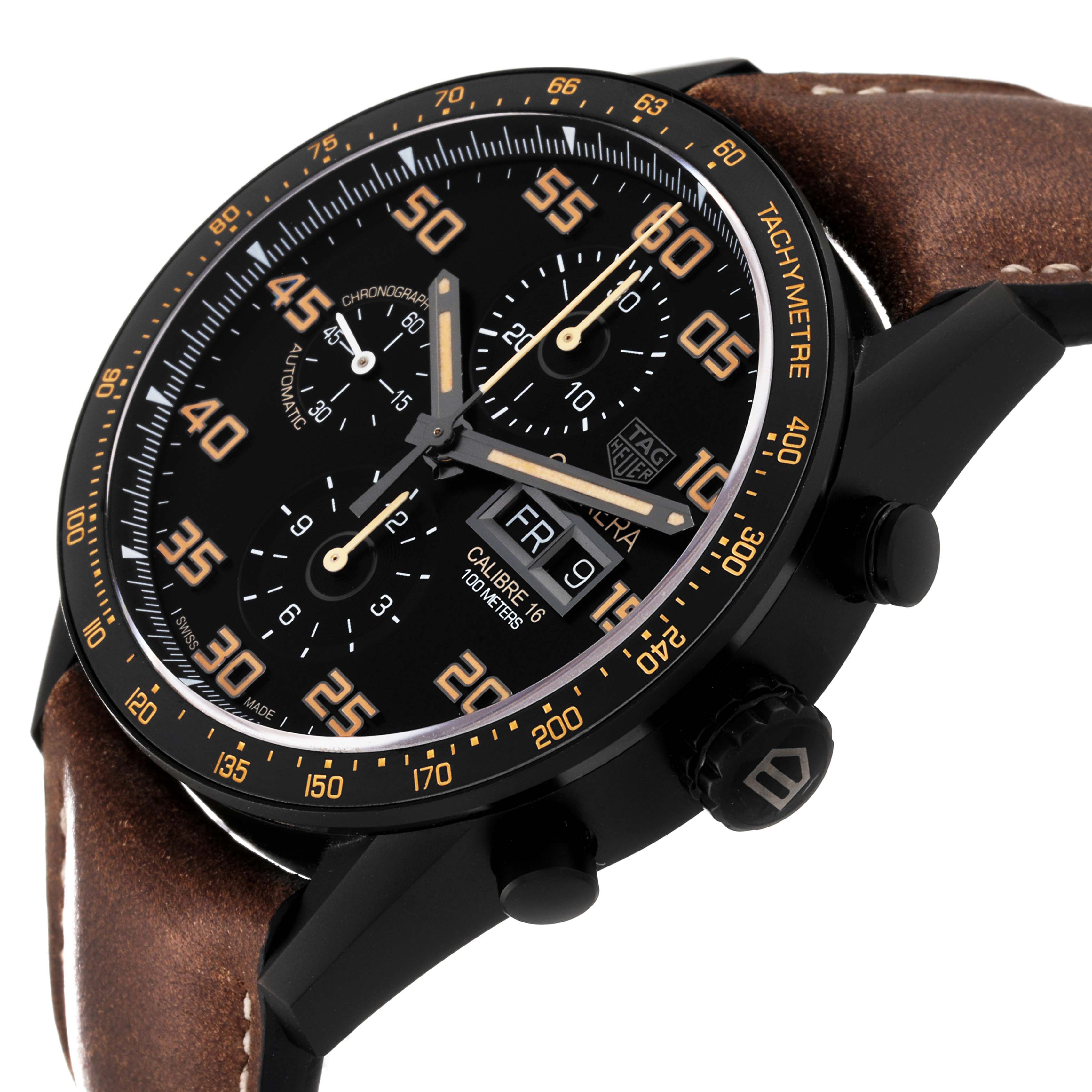 The Tag Heuer Carrera CV2A84.FC6394 Men's Titanium Black Dial CV2A84.FC6394 Men's Titanium Black Dial watch is shown at an angled view, highlighting its black dial, chronograph sub-dials, date display, and brown leather strap.