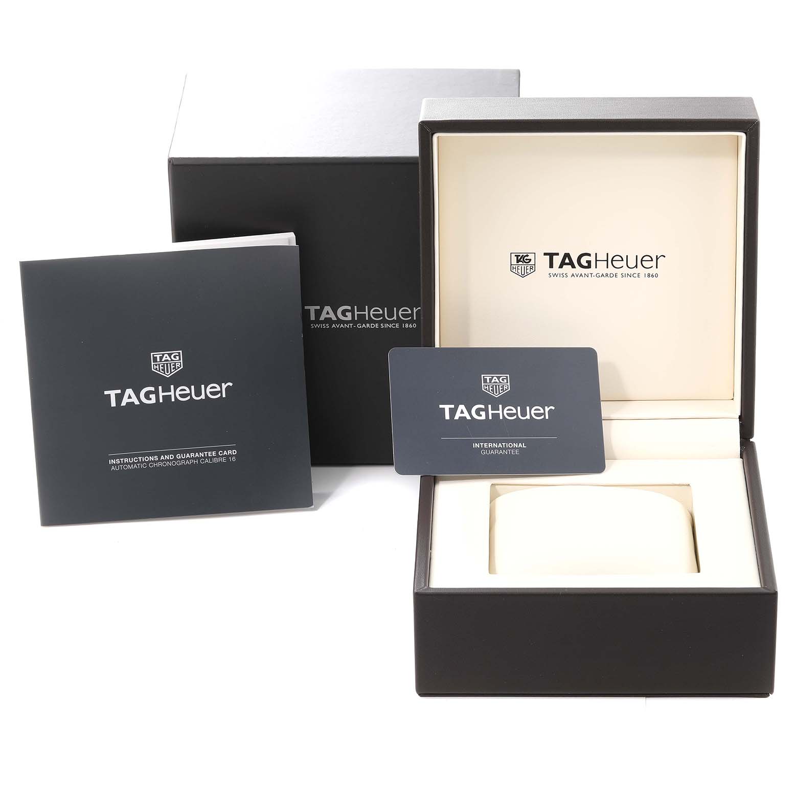 The image shows the packaging, watch box, and warranty card for the Tag Heuer Carrera CV2A84.FC6394 Men's Titanium Black Dial CV2A84.FC6394 Men's Titanium Black Dial model watch.