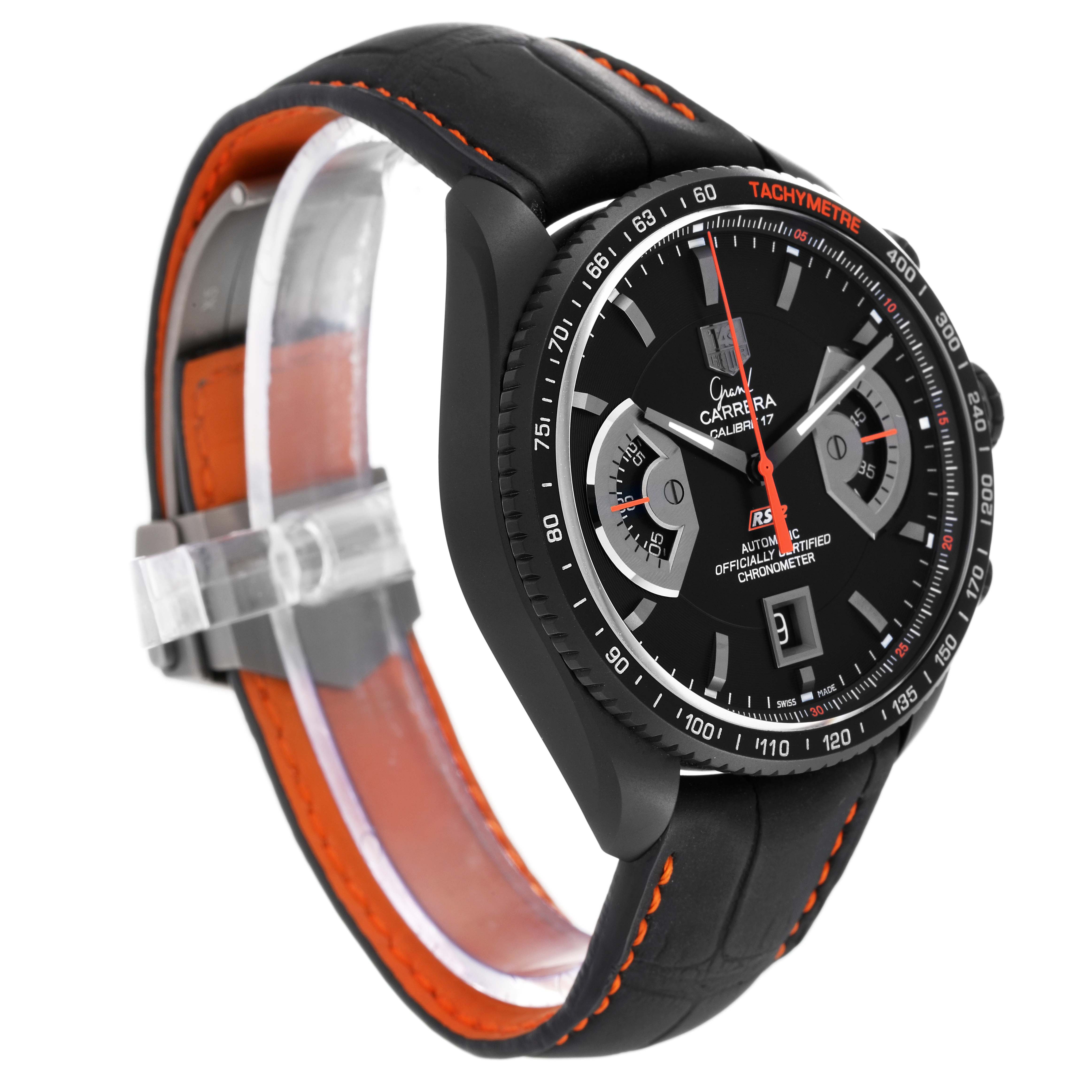 The image shows a side-angle view of a Tag Heuer Carrera CAV518K.FC6268 Men's Titanium Black Dial CAV518K.FC6268 Men's Titanium Black Dial watch, displaying its face, strap, and tachymeter bezel.