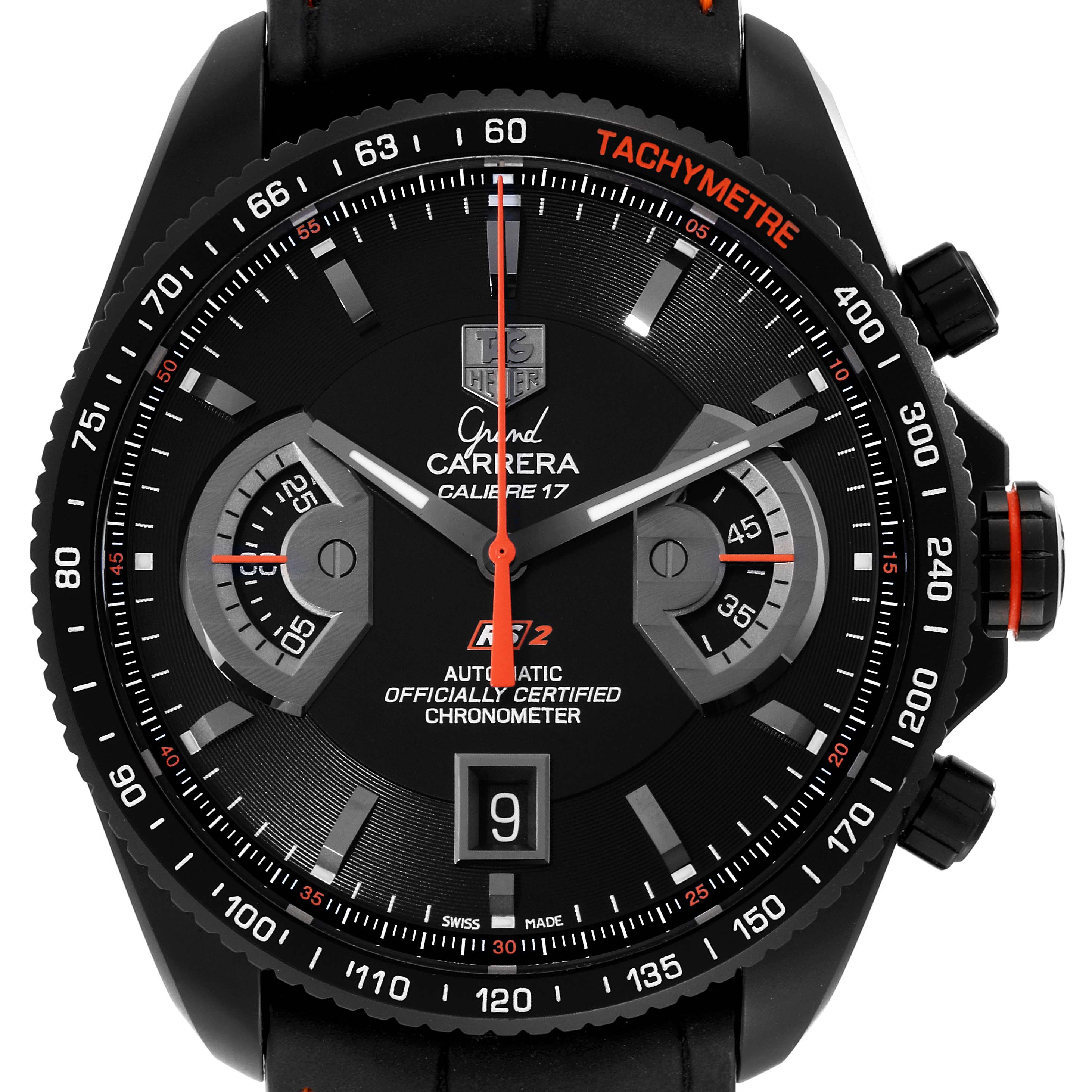 The image shows a Tag Heuer Carrera CAV518K.FC6268 Men's Titanium Black Dial CAV518K.FC6268 Men's Titanium Black Dial watch from a front view, displaying the dial, tachymeter bezel, and chronograph subdials.
