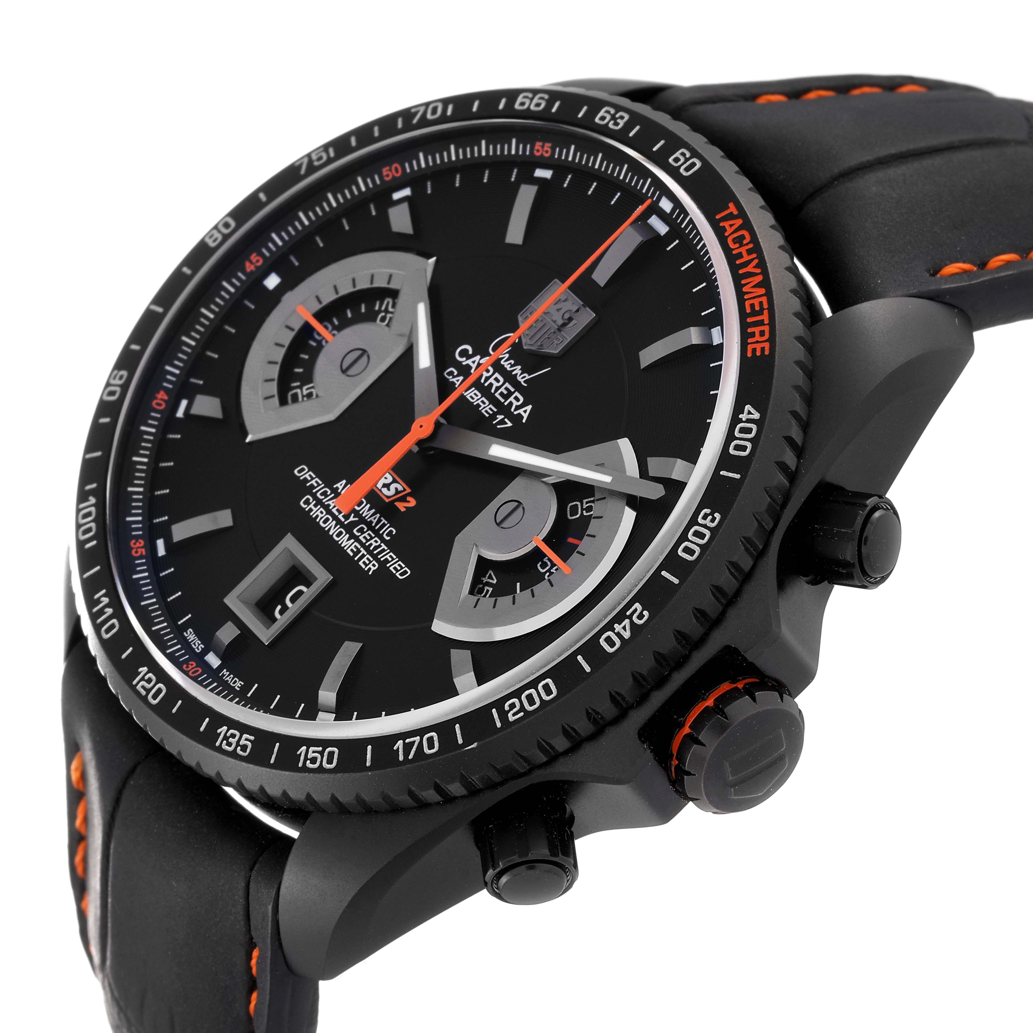 The image shows a Tag Heuer Carrera CAV518K.FC6268 Men's Titanium Black Dial CAV518K.FC6268 Men's Titanium Black Dial model watch from a side angle, highlighting the dial, bezel, and crown.