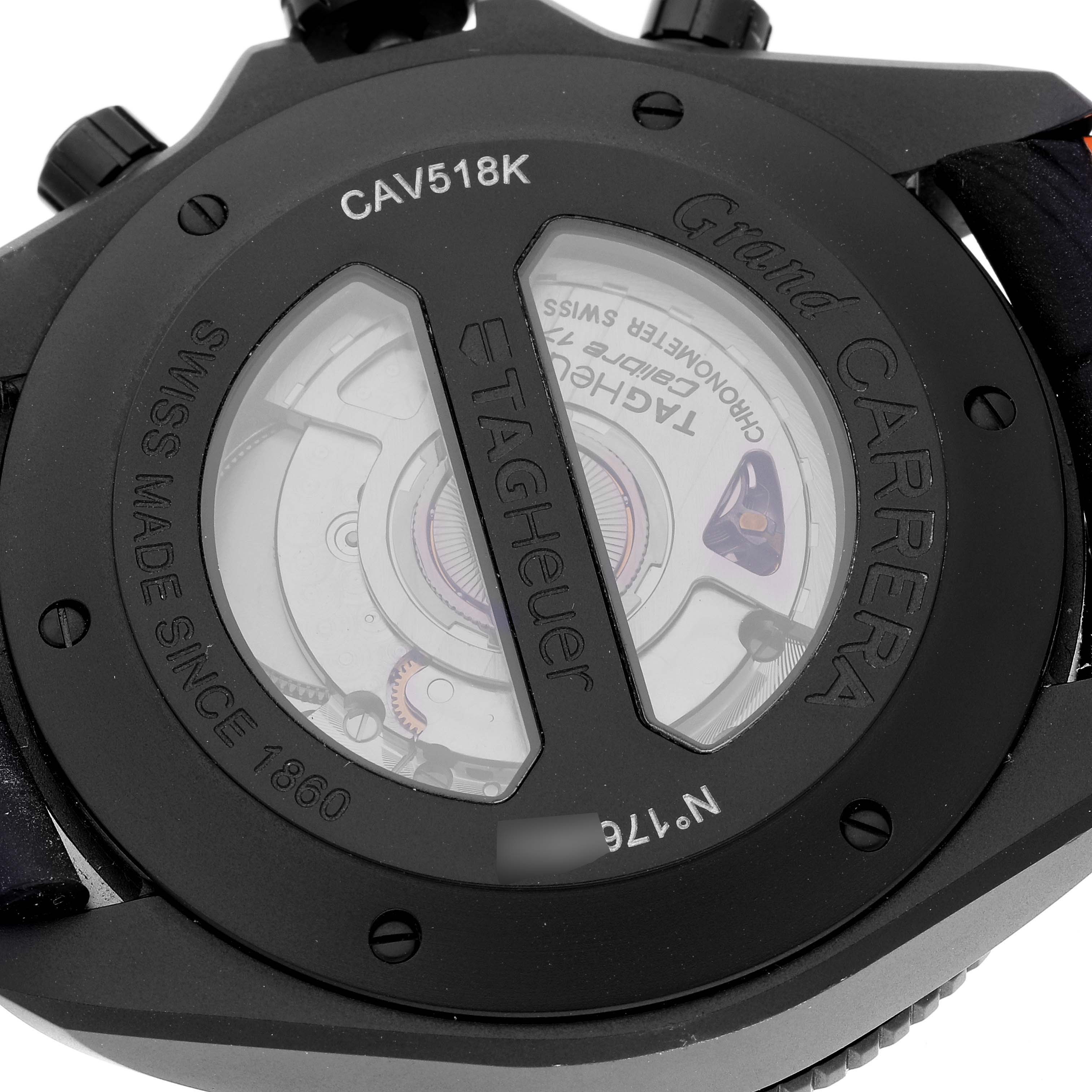 This image shows the back view of a Tag Heuer Carrera CAV518K.FC6268 Men's Titanium Black Dial CAV518K.FC6268 Men's Titanium Black Dial model watch, highlighting its transparent case back and inner mechanisms.