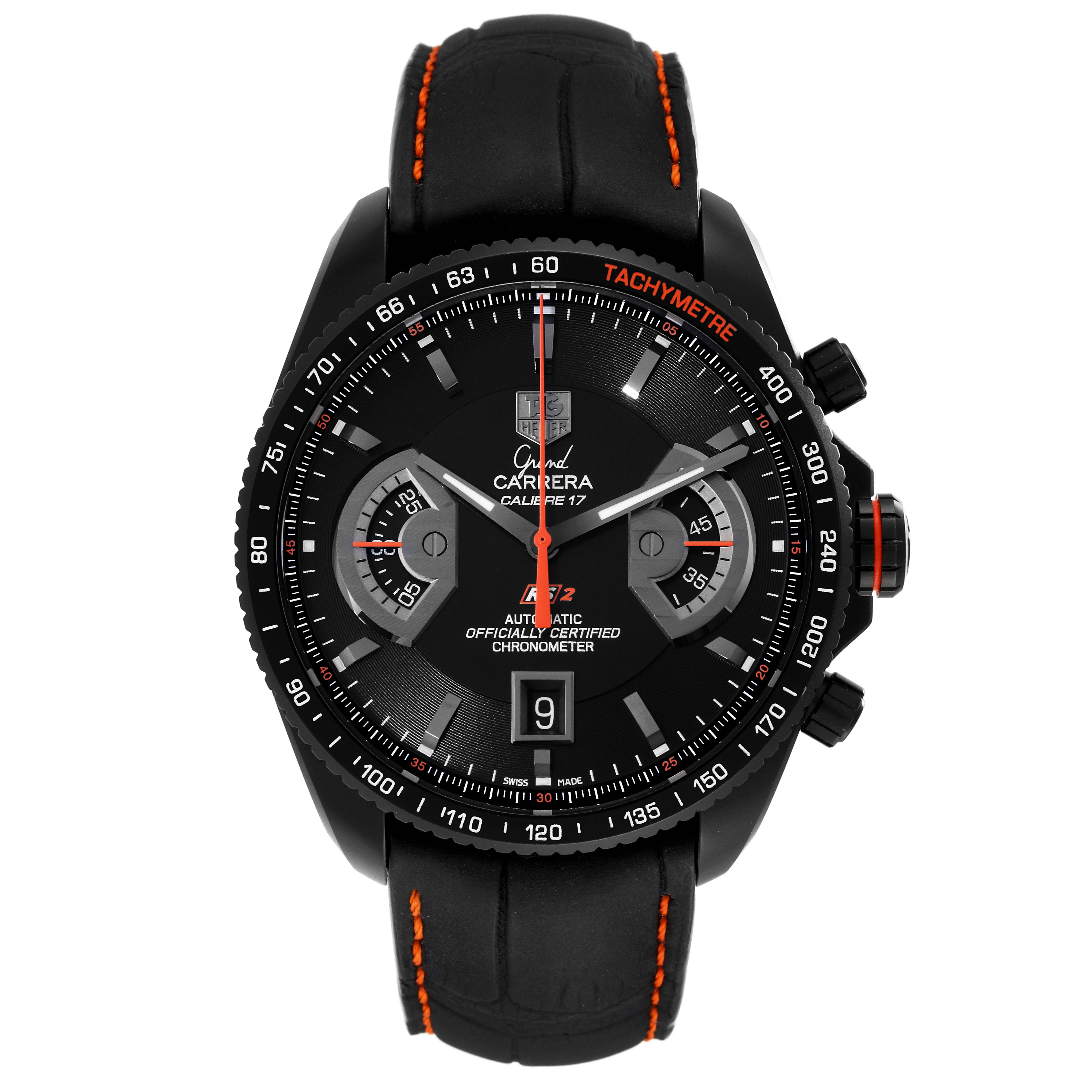 The Tag Heuer Carrera CAV518K.FC6268 Men's Titanium Black Dial CAV518K.FC6268 Men's Titanium Black Dial watch is shown from a front-facing angle, displaying the dial, bezel, subdials, and leather strap.