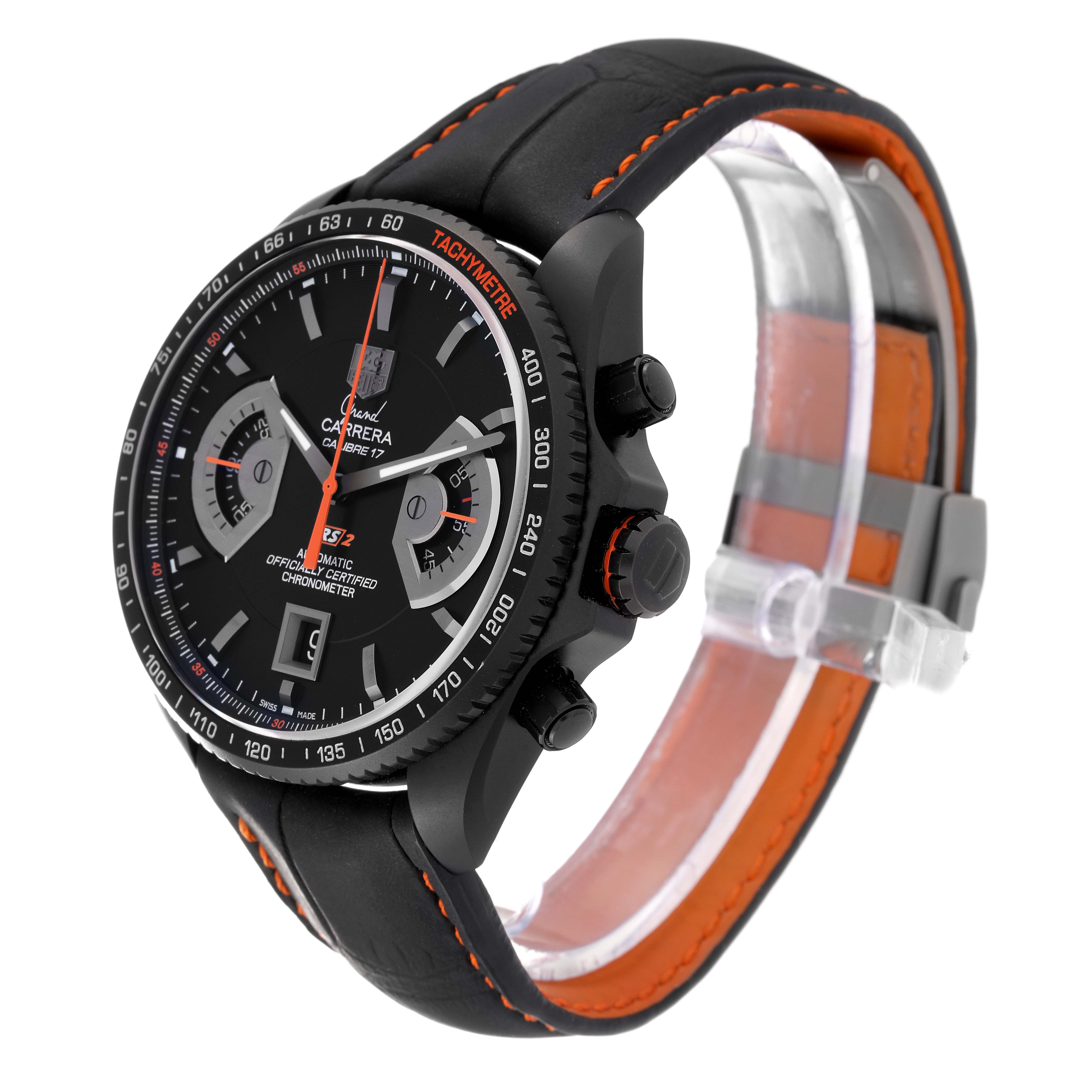 The image shows a Tag Heuer Carrera CAV518K.FC6268 Men's Titanium Black Dial CAV518K.FC6268 Men's Titanium Black Dial watch at a three-quarter angle, highlighting the face, side buttons, and leather strap.