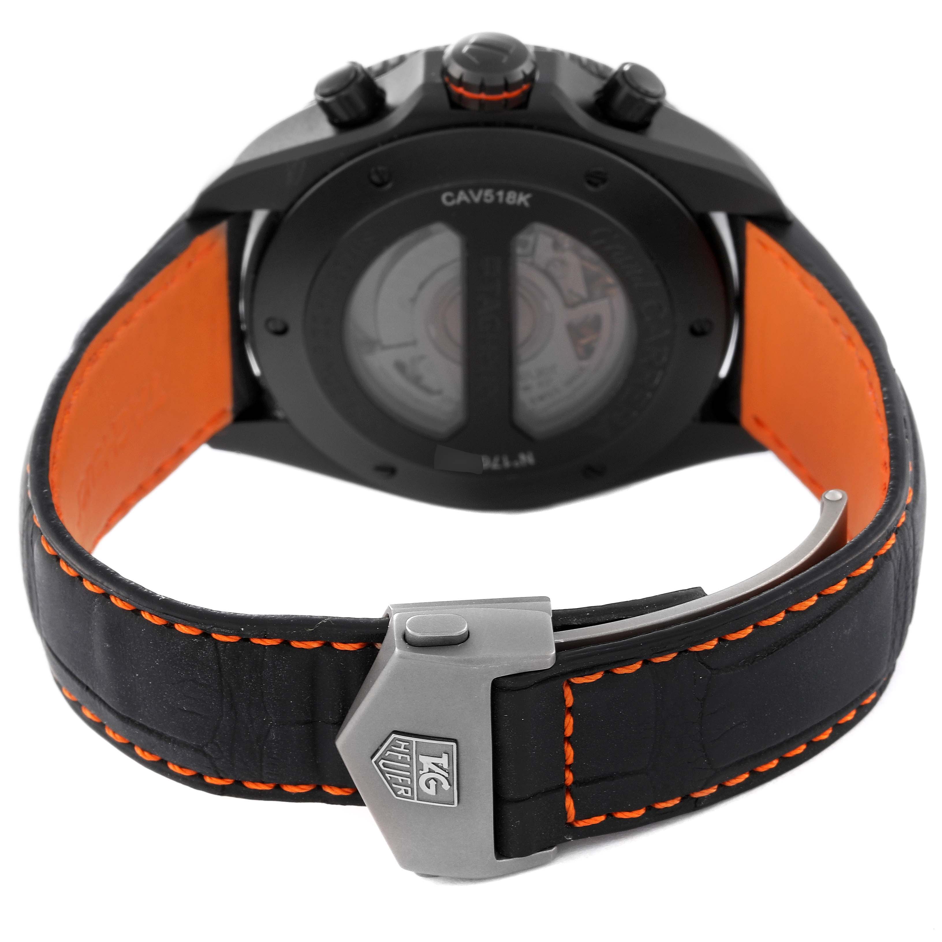 This image shows the back view of a Tag Heuer Carrera CAV518K.FC6268 Men's Titanium Black Dial CAV518K.FC6268 Men's Titanium Black Dial watch, highlighting the strap and clasp with logo.