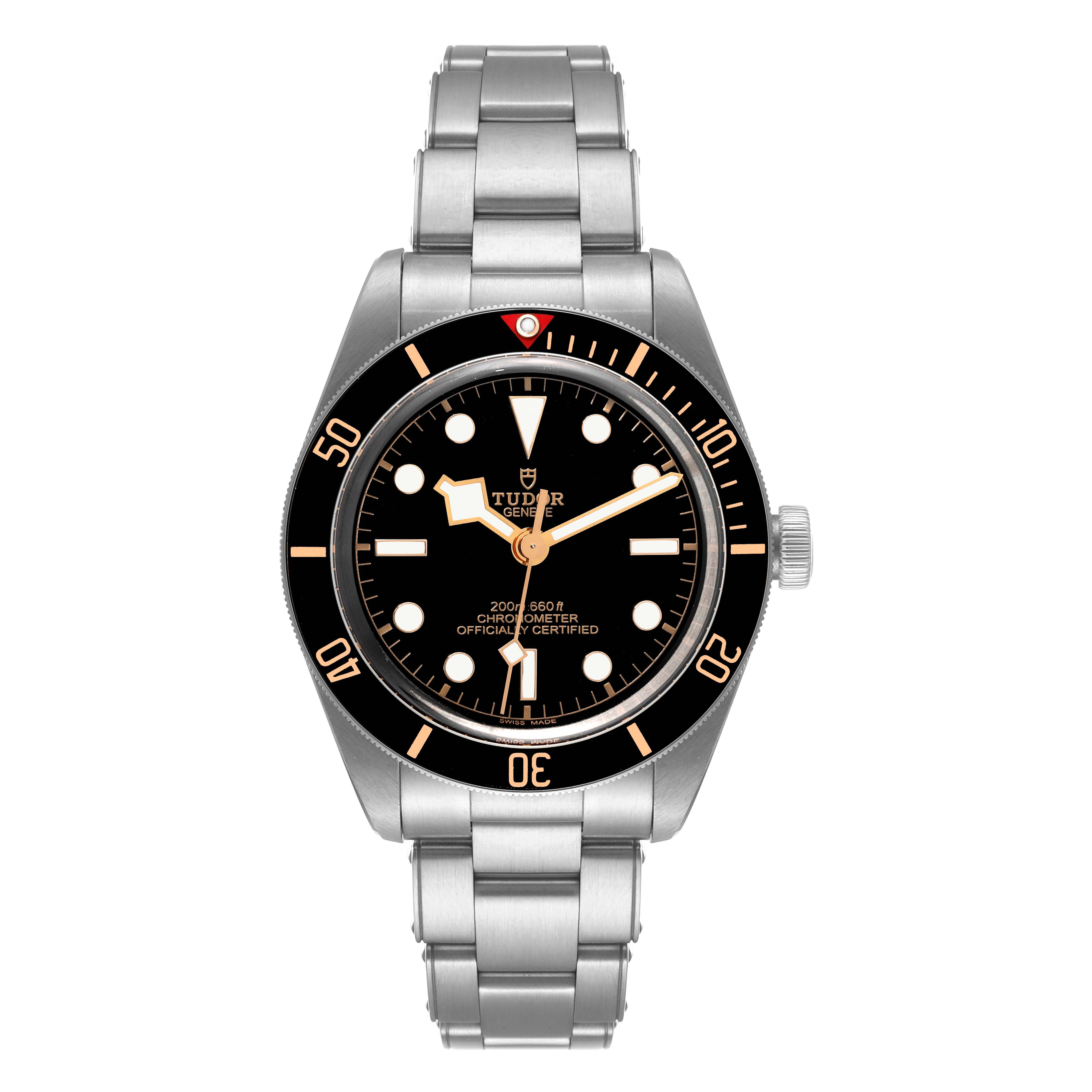 This is a front view of the Tudor Heritage Black Bay 79030N Men
s Stainless Steel Black Dial 79030N Men
s Stainless Steel Black Dial watch, showcasing its dial, bezel, crown, and bracelet.