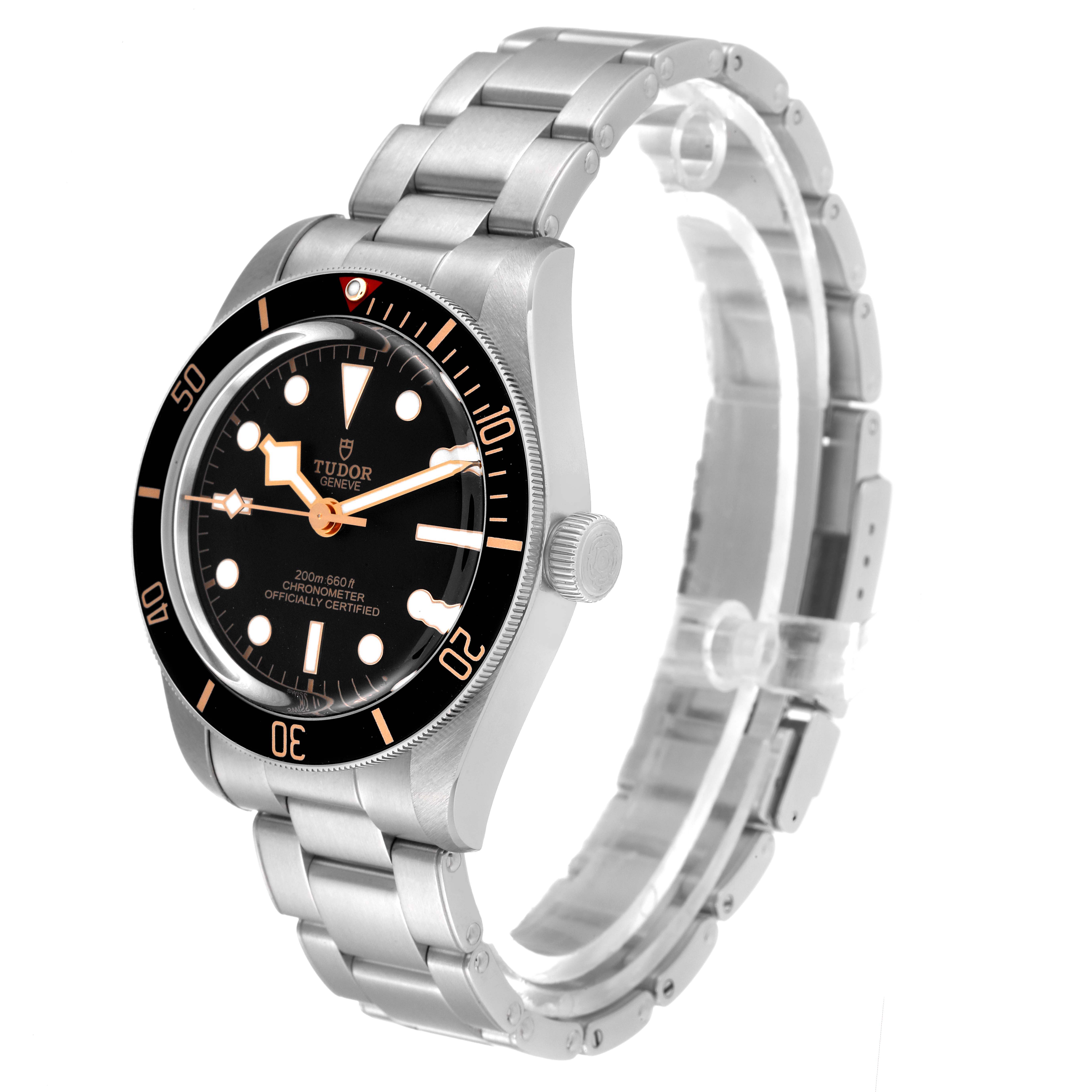 The Tudor Heritage Black Bay 79030N Men
s Stainless Steel Black Dial 79030N Men
s Stainless Steel Black Dial watch is shown at a three-quarter angle displaying the face, bezel, crown, and bracelet.