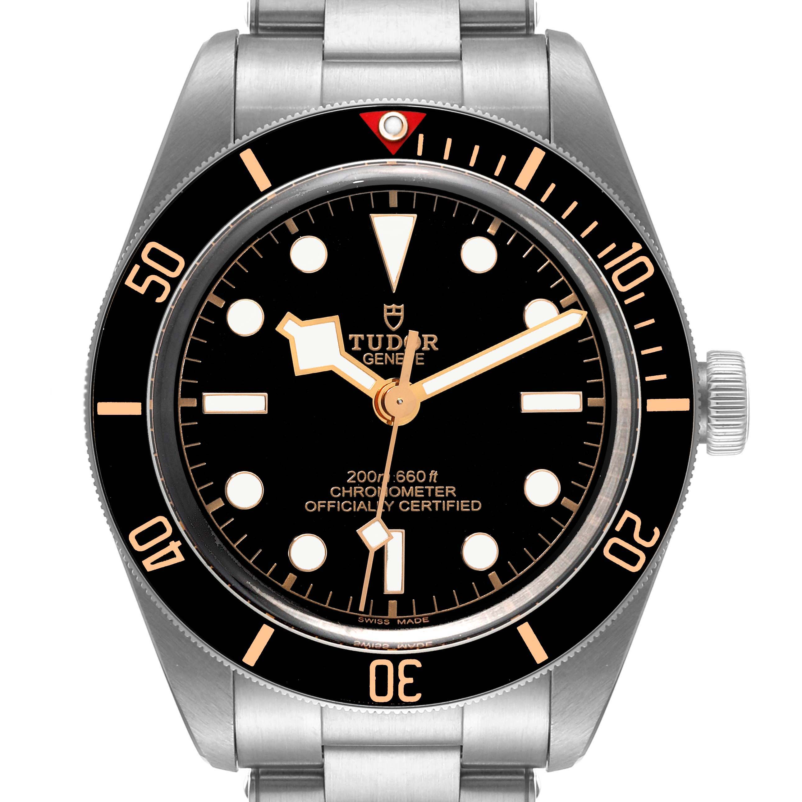 The image shows a front view of the Tudor Heritage Black Bay 79030N Men
s Stainless Steel Black Dial 79030N Men
s Stainless Steel Black Dial watch, displaying its face, bezel, and part of its bracelet.