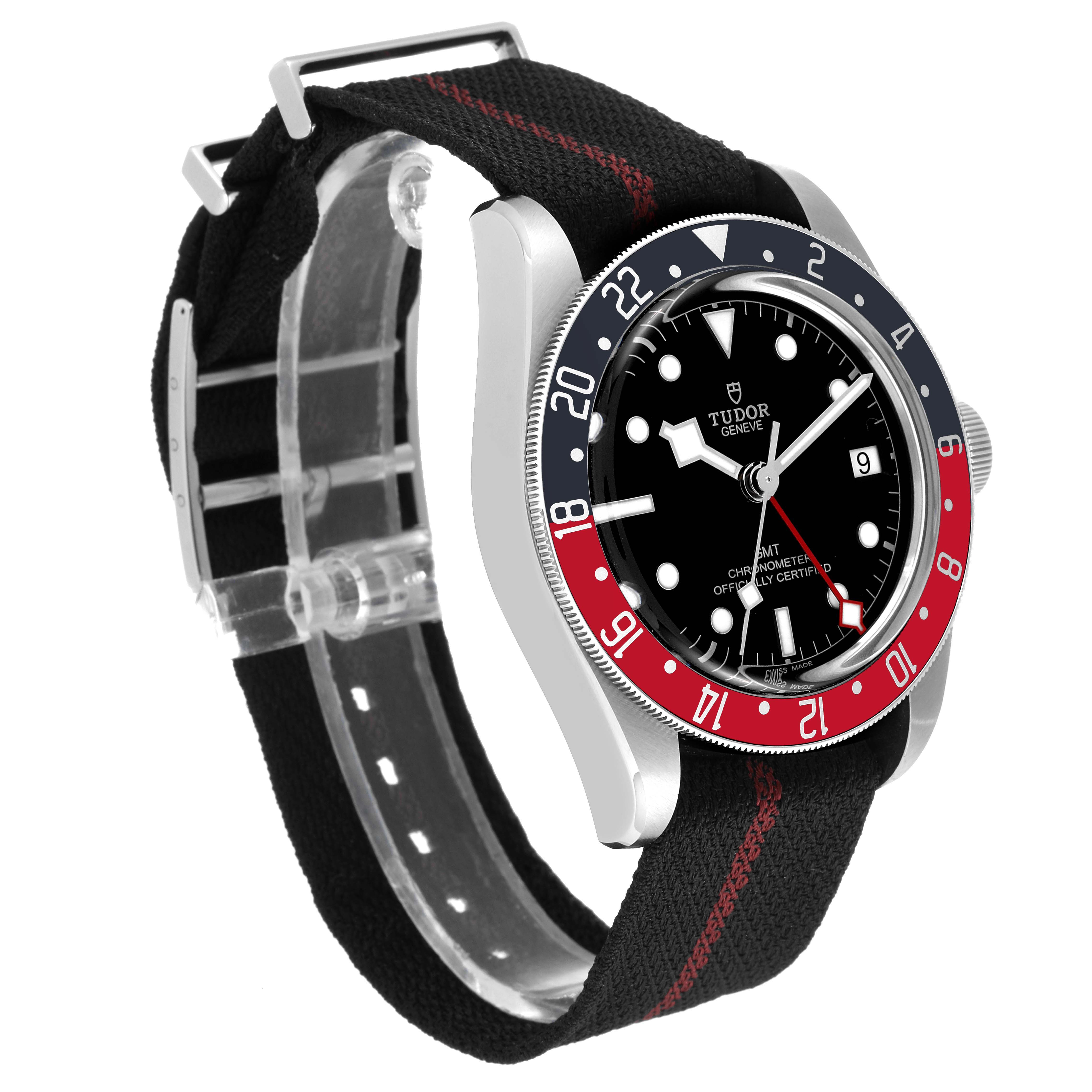 The watch is a Tudor Heritage Black Bay 79830RB Men's Stainless Steel Black Dial 79830RB Men's Stainless Steel Black Dial, shown at a three-quarter angle highlighting the face, bezel, and strap.