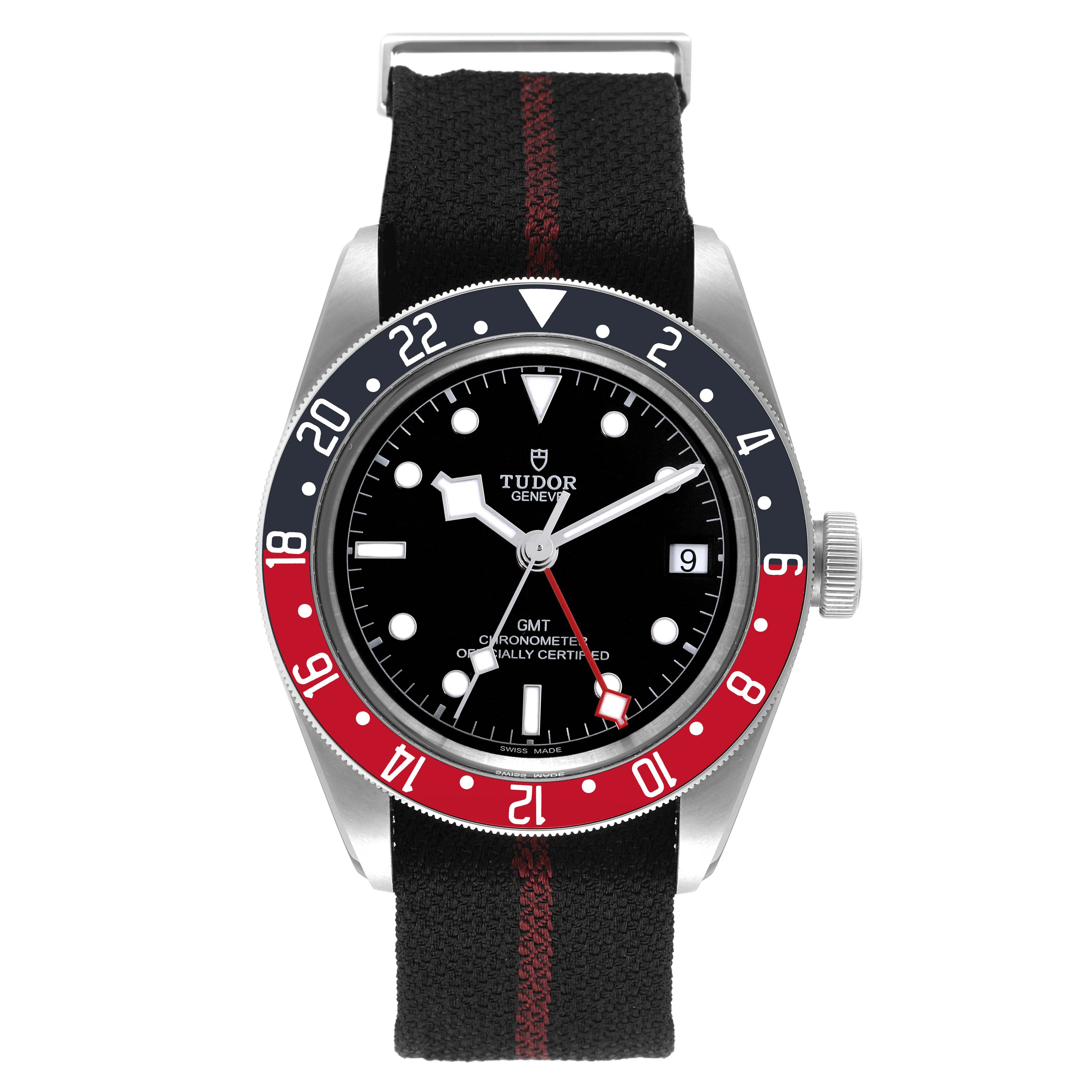 The image shows a Tudor Heritage Black Bay 79830RB Men's Stainless Steel Black Dial 79830RB Men's Stainless Steel Black Dial watch captured from the front, highlighting its face, bezel, and fabric strap.