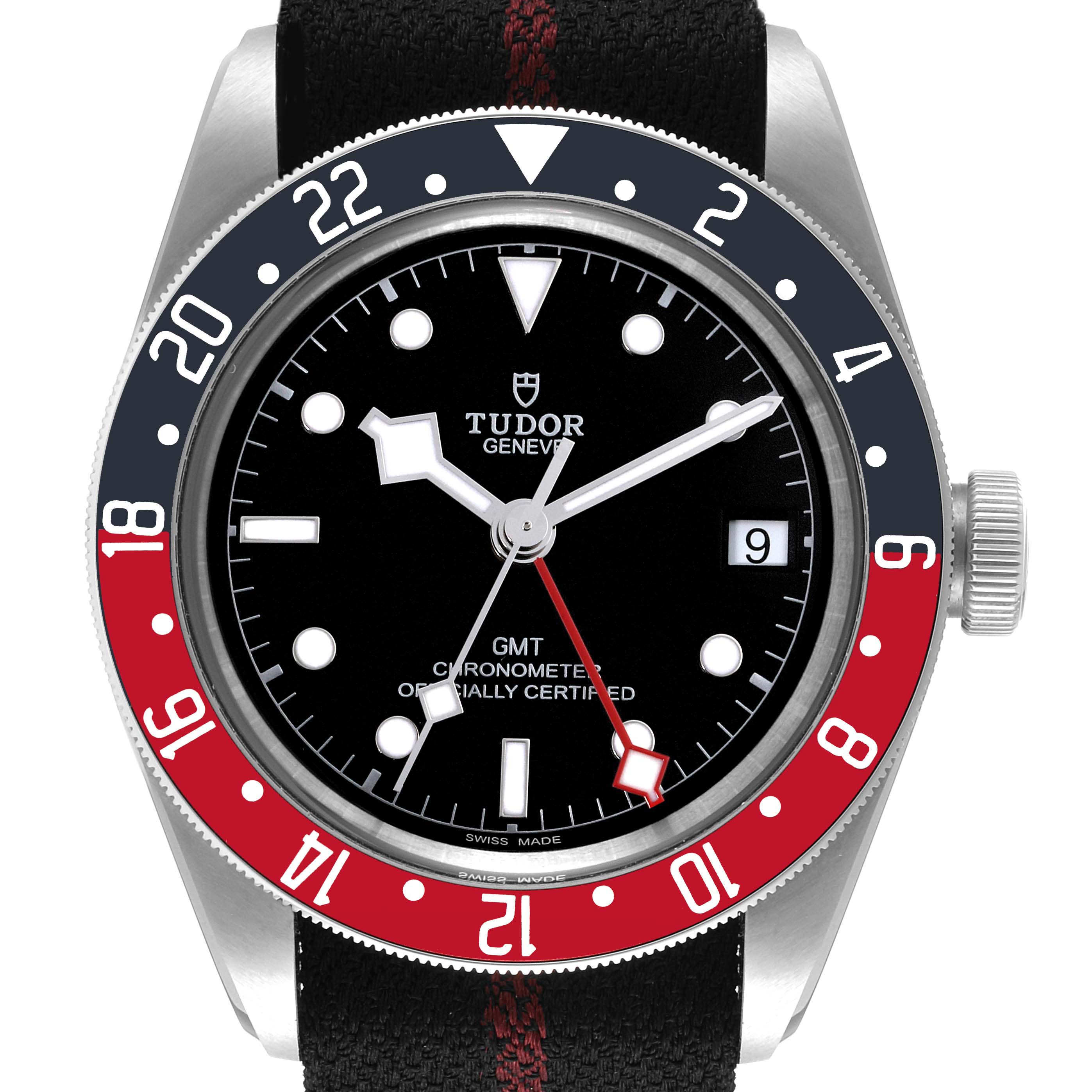 The image shows a front view of the Tudor Heritage Black Bay 79830RB Men's Stainless Steel Black Dial 79830RB Men's Stainless Steel Black Dial GMT watch, highlighting its bezel, dial, and crown.