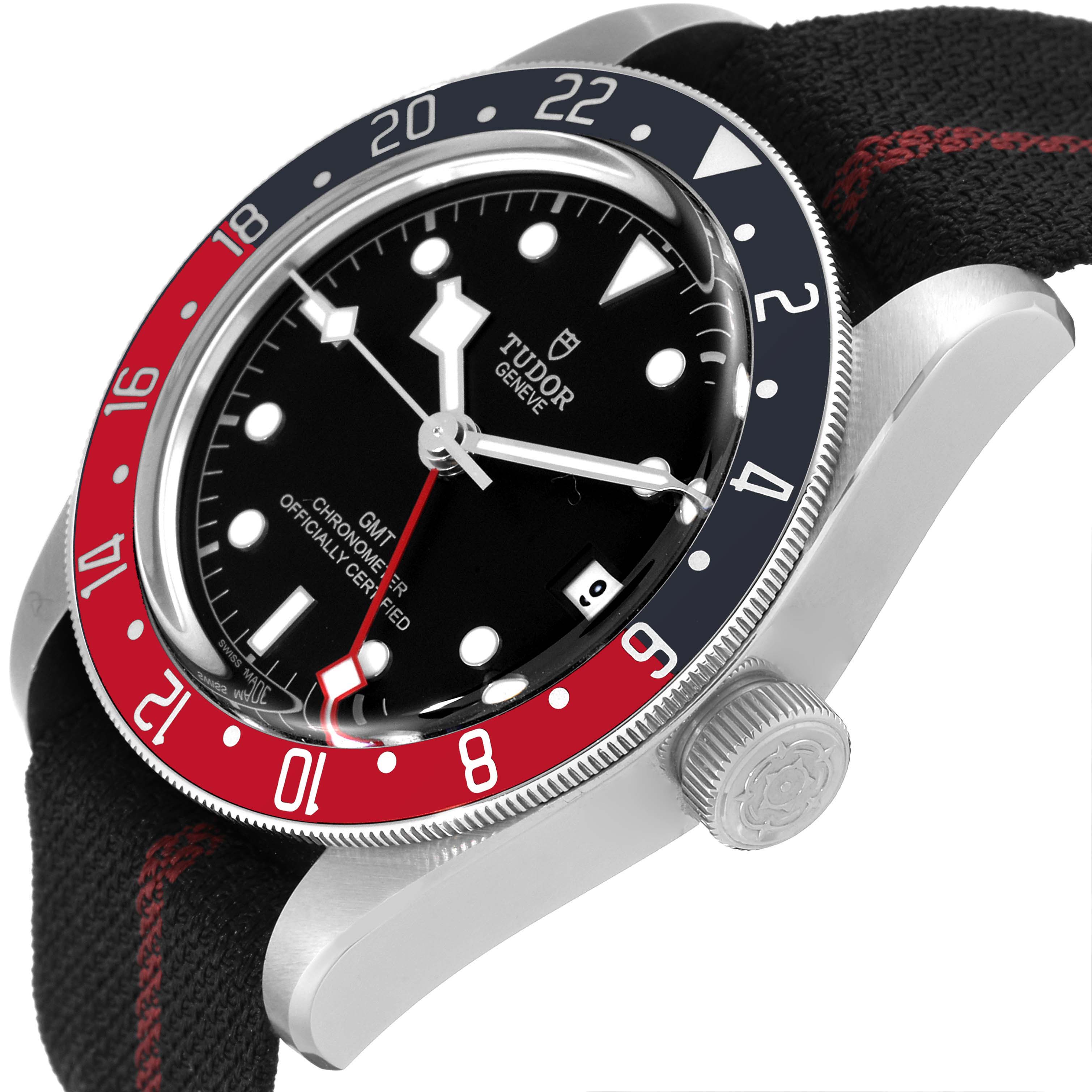 This image shows a close-up side angle of the Tudor Heritage Black Bay 79830RB Men's Stainless Steel Black Dial 79830RB Men's Stainless Steel Black Dial watch, highlighting its bezel, dial, and crown.