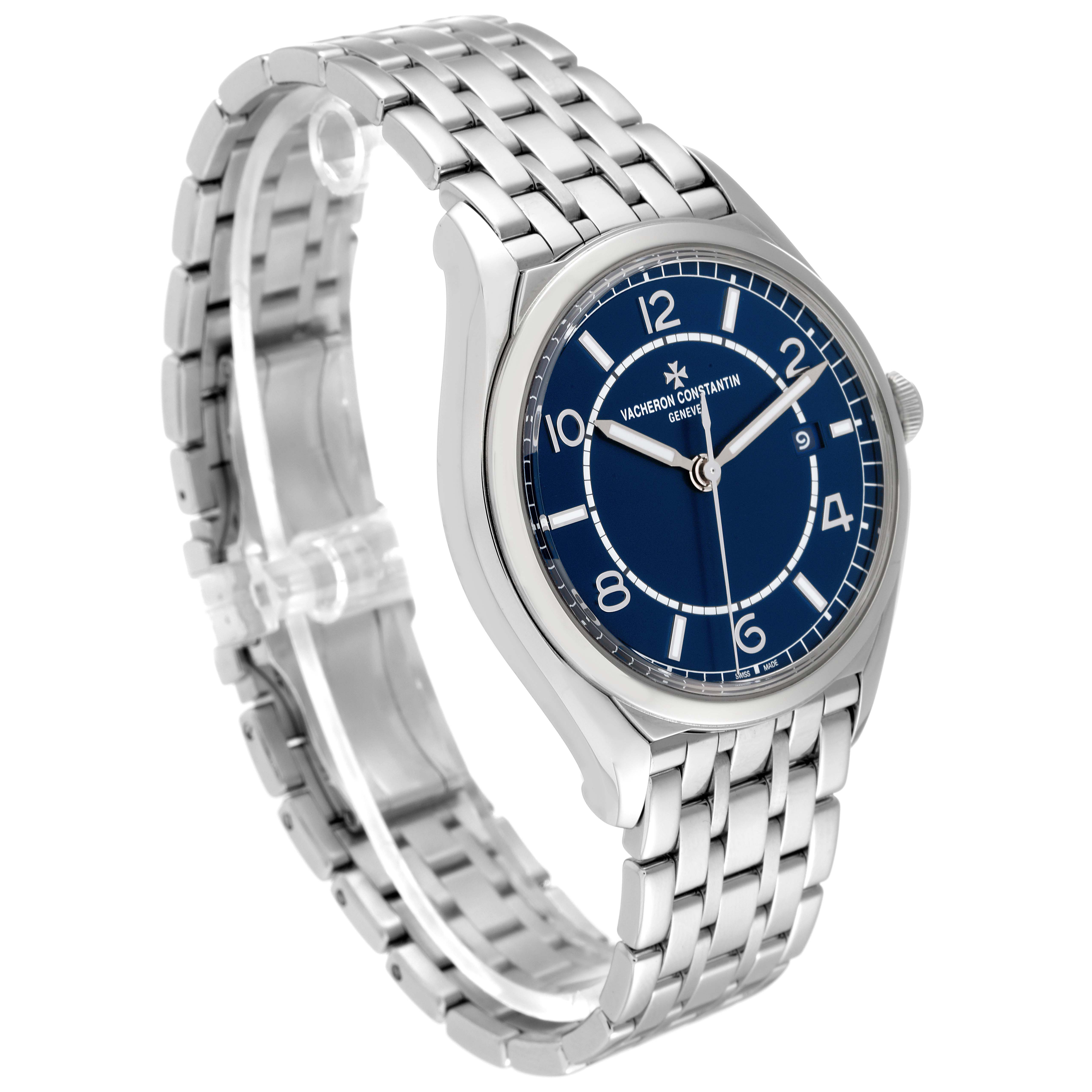 The Vacheron Constantin Fiftysix 4600E/110A-B487 Men's Stainless Steel Blue Dial 4600E/110A-B487 Men's Stainless Steel Blue Dial watch is shown at a three-quarter angle, displaying the face, bezel, and bracelet.