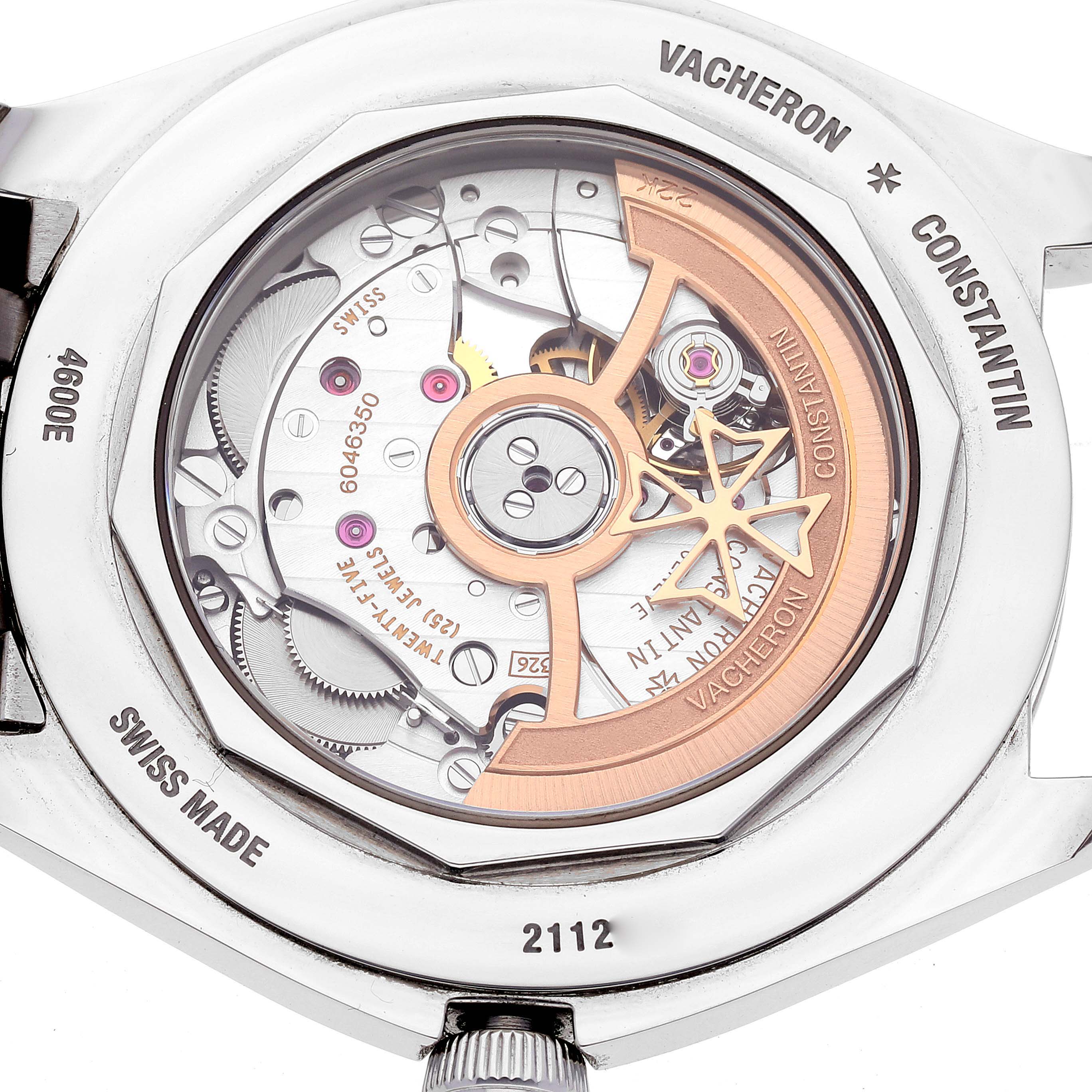 This image shows the back view of the Vacheron Constantin Fiftysix 4600E/110A-B487 Men's Stainless Steel Blue Dial 4600E/110A-B487 Men's Stainless Steel Blue Dial model, highlighting its intricate movement and rotor.