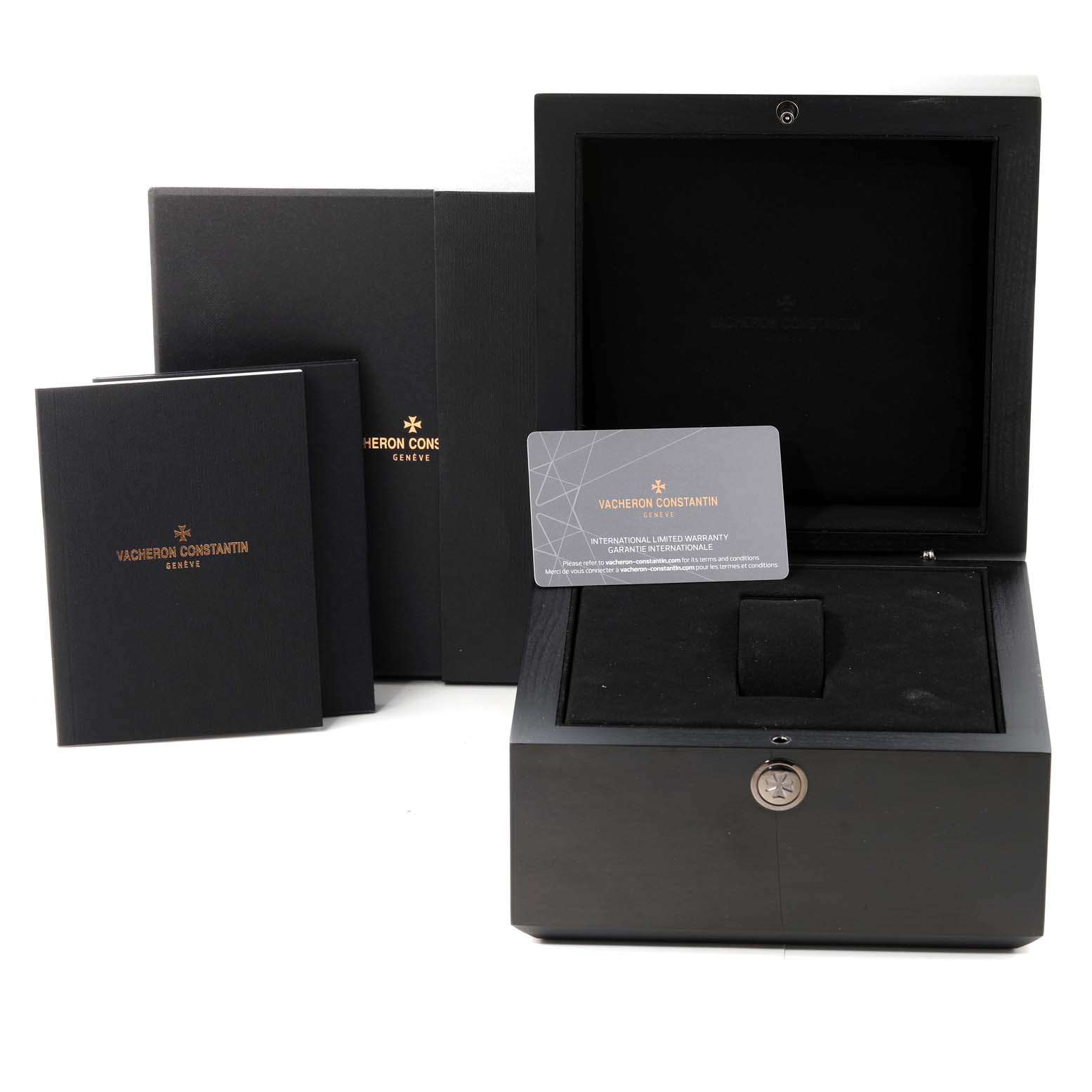 The image shows the packaging and accessories for a Vacheron Constantin Fiftysix 4600E/110A-B487 Men's Stainless Steel Blue Dial 4600E/110A-B487 Men's Stainless Steel Blue Dial model, including a box, booklets, and warranty card.