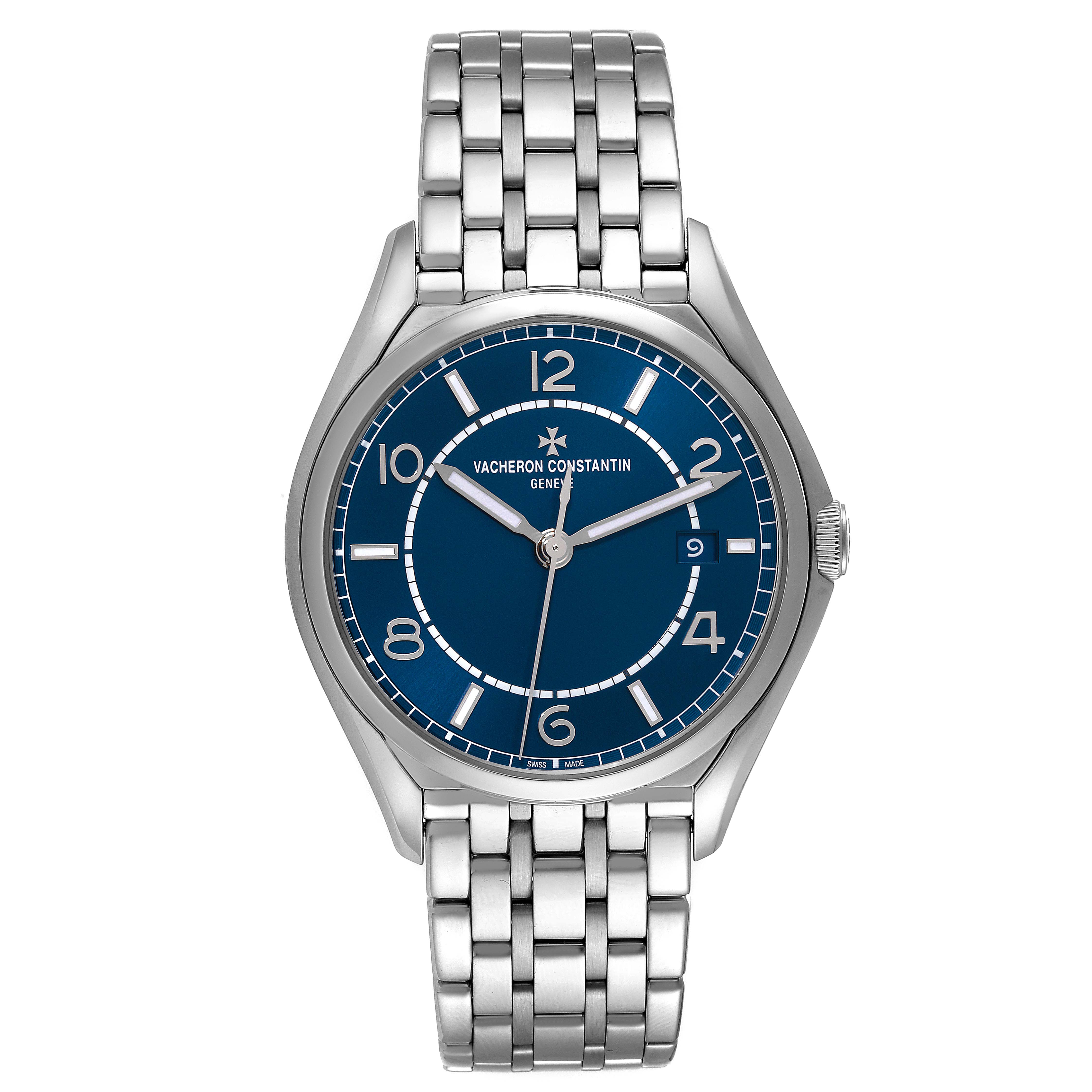 The Vacheron Constantin Fiftysix 4600E/110A-B487 Men's Stainless Steel Blue Dial 4600E/110A-B487 Men's Stainless Steel Blue Dial model is shown from a front angle, displaying its blue dial, silver case, and metal bracelet.