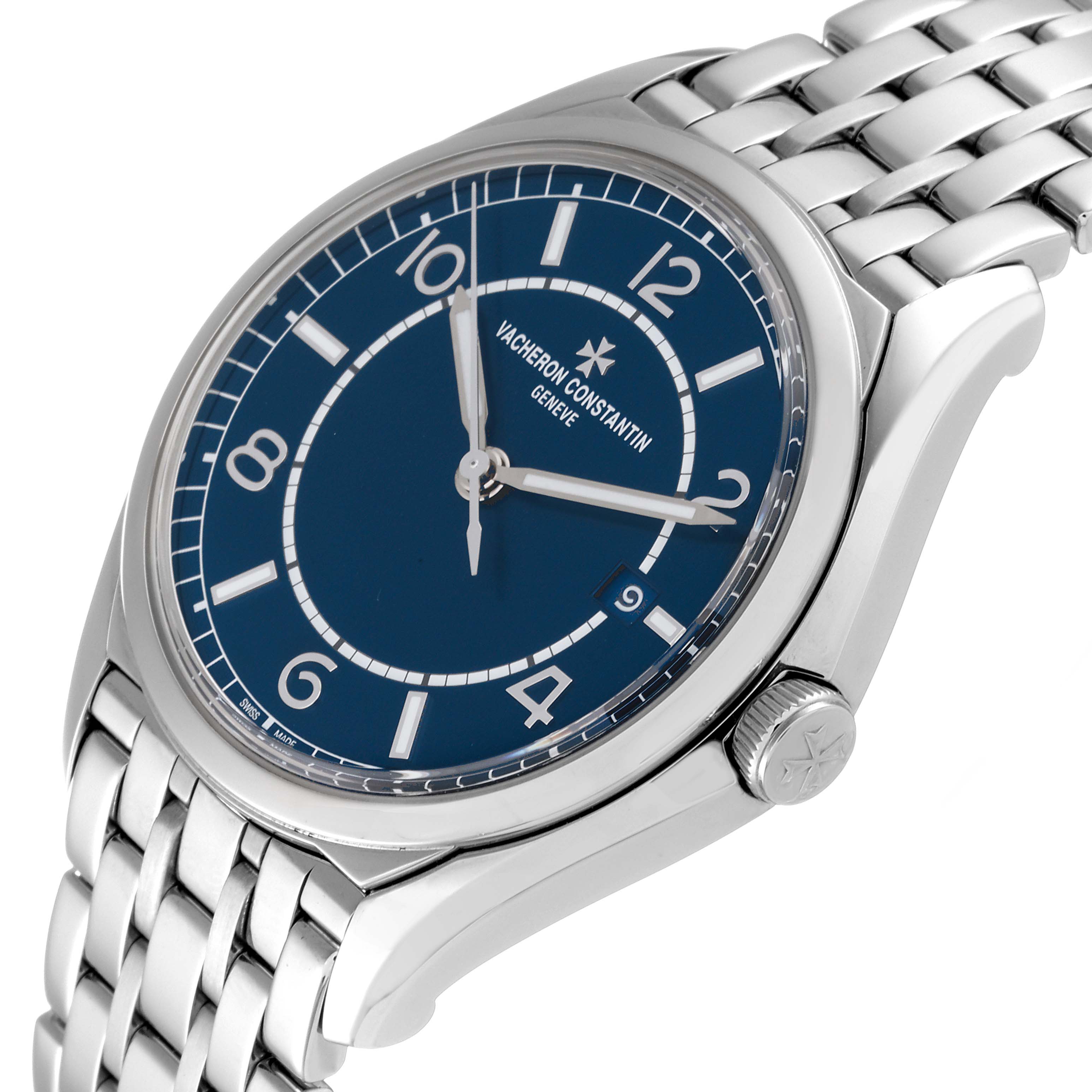 This Vacheron Constantin Fiftysix 4600E/110A-B487 Men's Stainless Steel Blue Dial 4600E/110A-B487 Men's Stainless Steel Blue Dial watch is shown at an angled close-up, highlighting the dial, bezel, and bracelet.