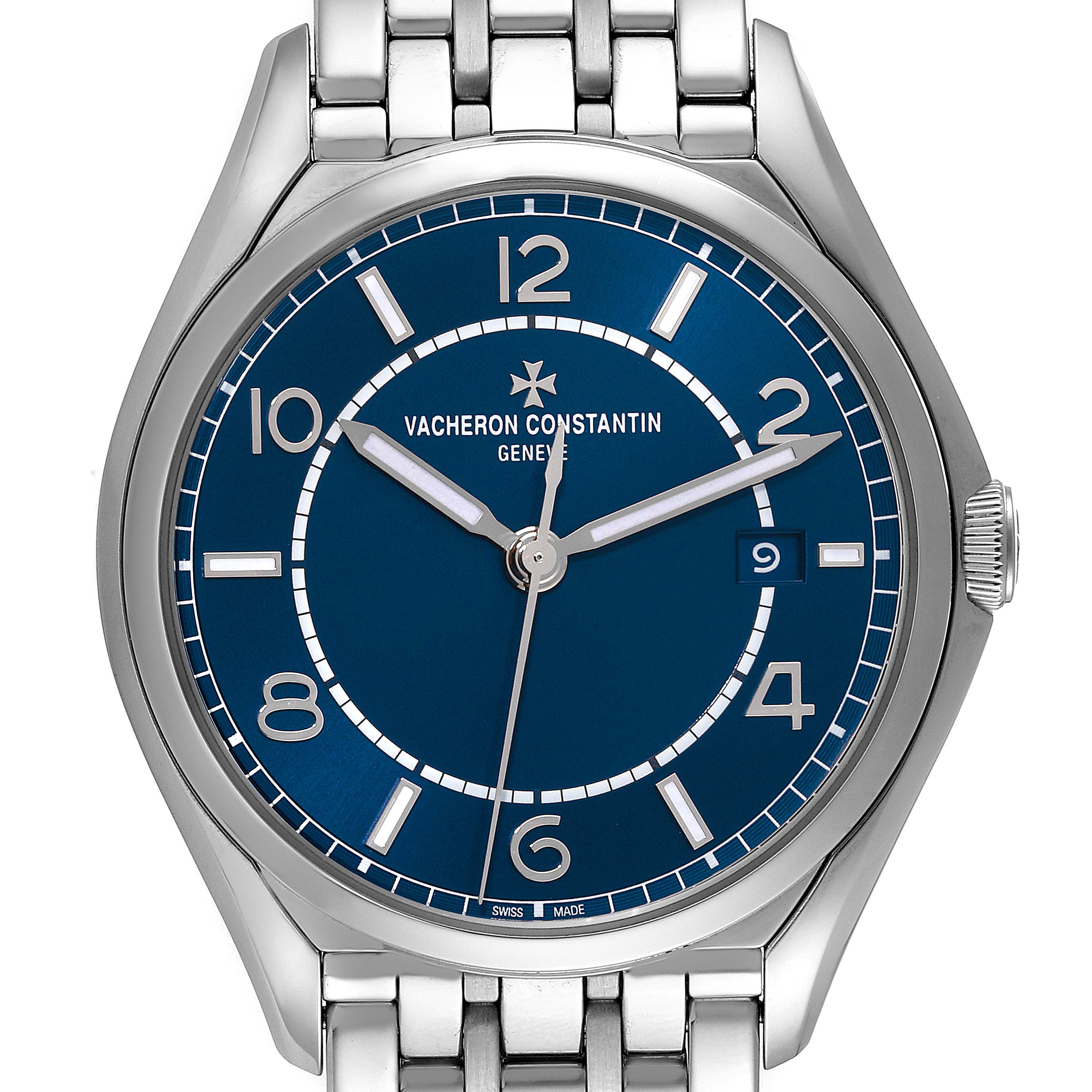 The image shows a front view of the Vacheron Constantin Fiftysix 4600E/110A-B487 Men's Stainless Steel Blue Dial 4600E/110A-B487 Men's Stainless Steel Blue Dial watch, highlighting its blue dial, date window, and metal bracelet.
