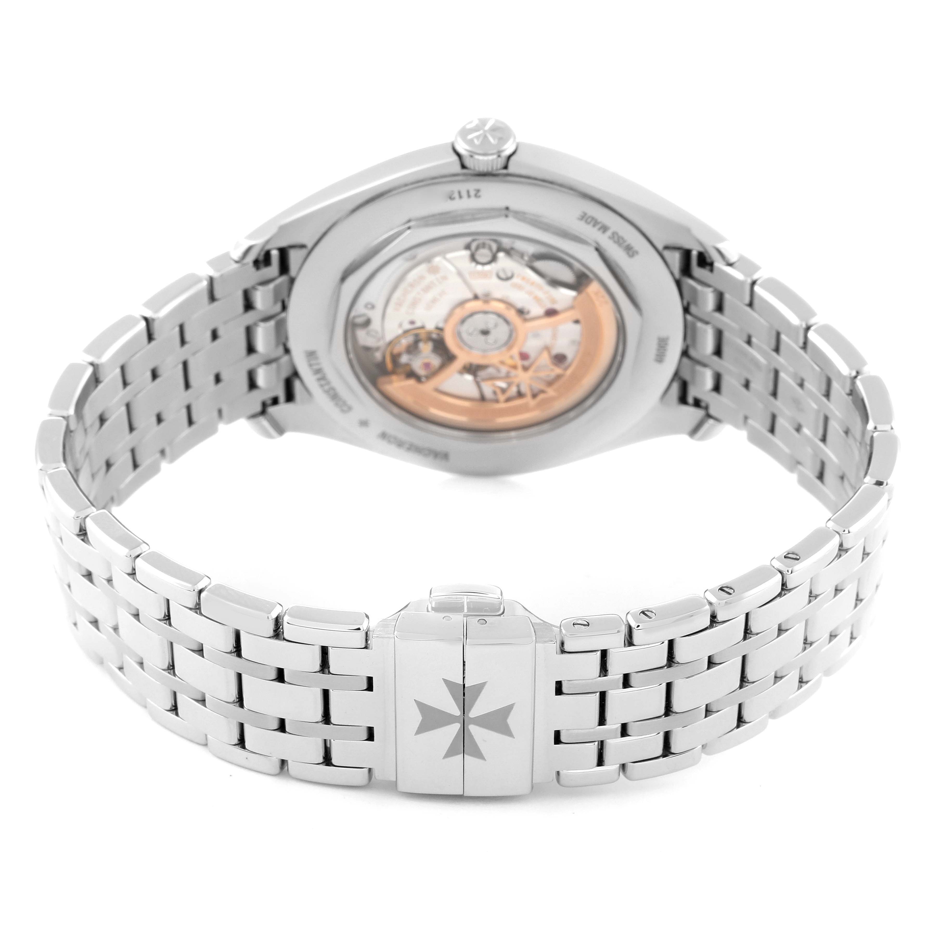 This image shows the back view of the Vacheron Constantin Fiftysix 4600E/110A-B487 Men's Stainless Steel Blue Dial 4600E/110A-B487 Men's Stainless Steel Blue Dial watch, highlighting its open case back and stainless steel bracelet.