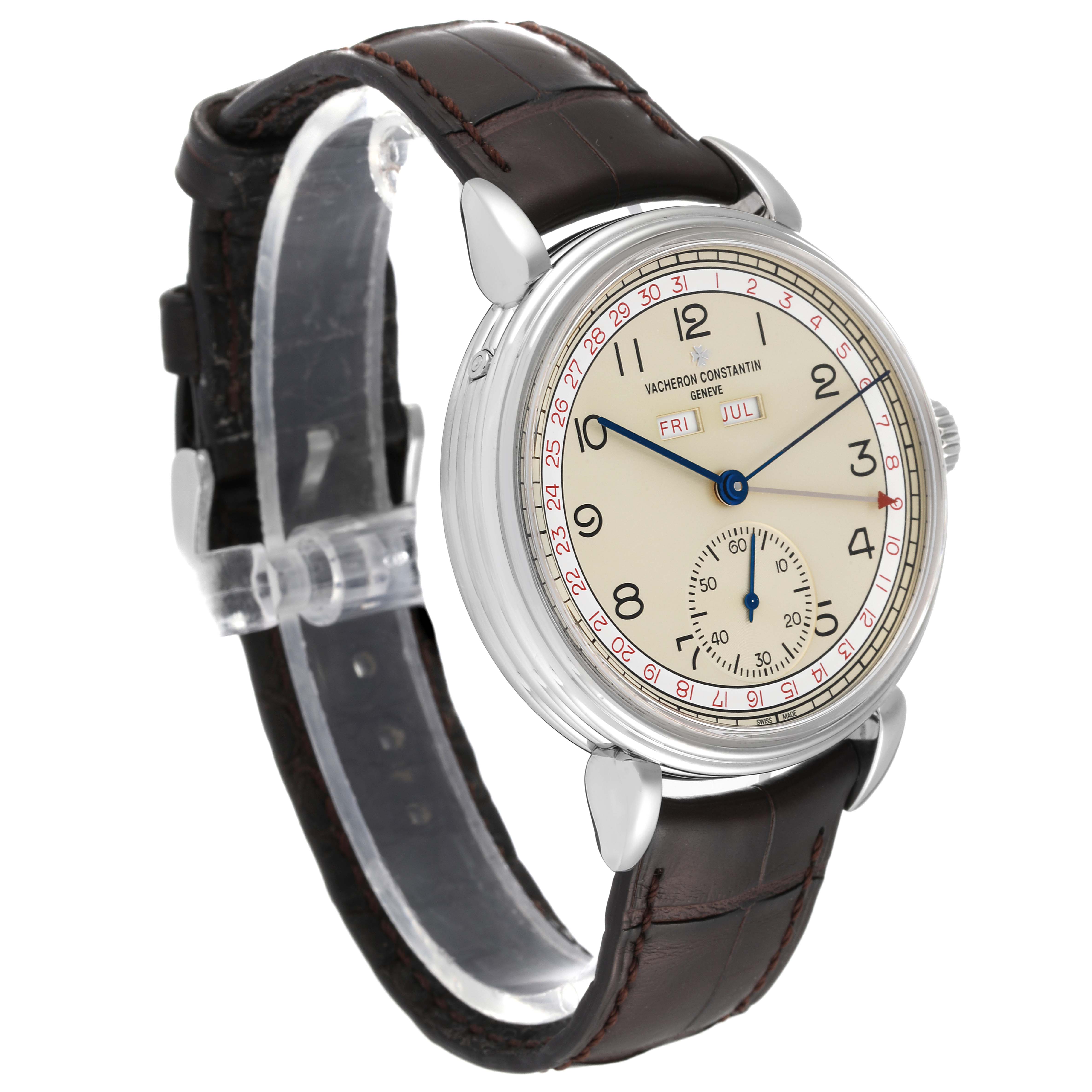 This image shows a Vacheron Constantin Historiques 3110V/000A-B426 Men
s Stainless Steel Silver Dial 3110V/000A-B426 Men
s Stainless Steel Silver Dial watch angled from the top left, featuring the dial, case, and leather strap.