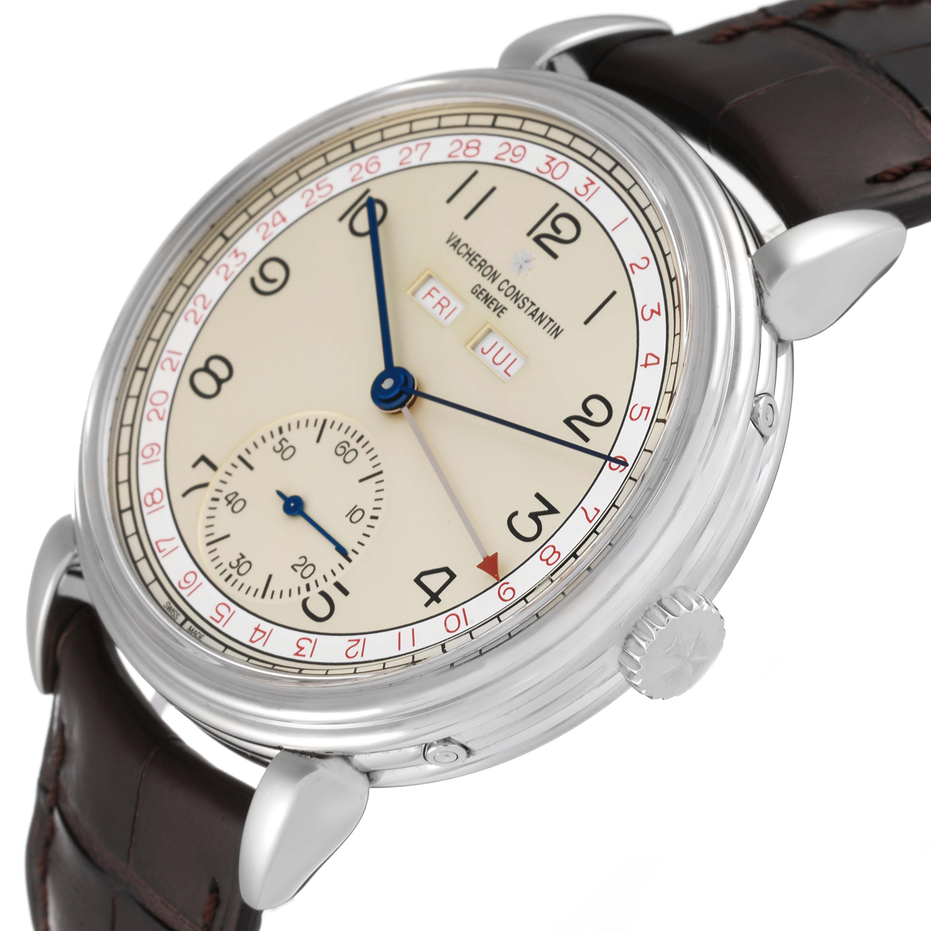 The image shows the dial and case of the Vacheron Constantin Historiques 3110V/000A-B426 Men
s Stainless Steel Silver Dial 3110V/000A-B426 Men
s Stainless Steel Silver Dial model watch from a front-side angle.