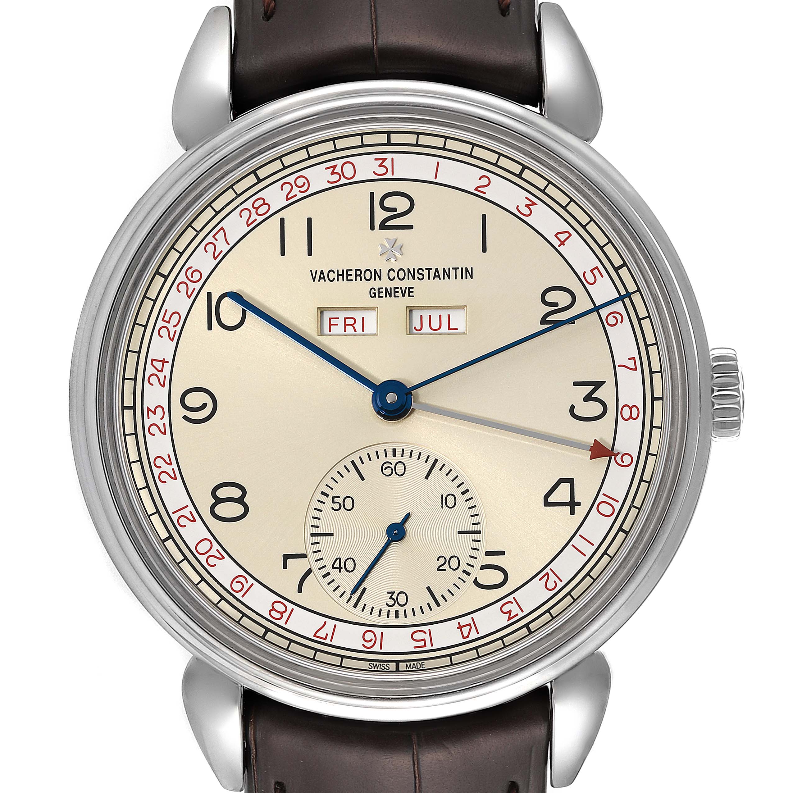 This image shows a frontal view of the dial of a Vacheron Constantin Historiques 3110V/000A-B426 Men
s Stainless Steel Silver Dial 3110V/000A-B426 Men
s Stainless Steel Silver Dial model watch.