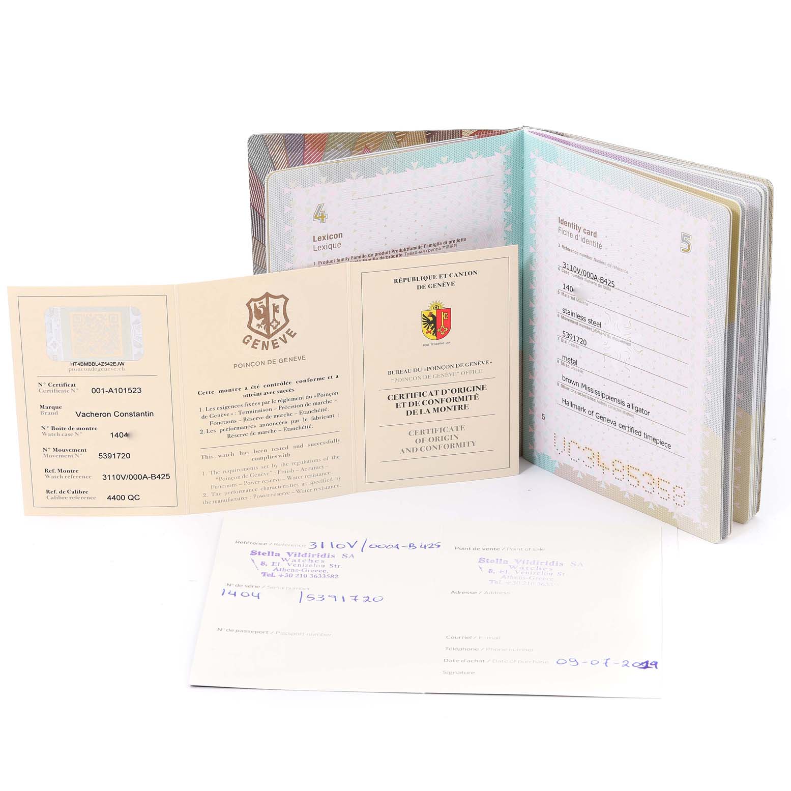 The image shows documentation and certificates for the Historiques model by Vacheron Constantin, displayed in an open, angled format.