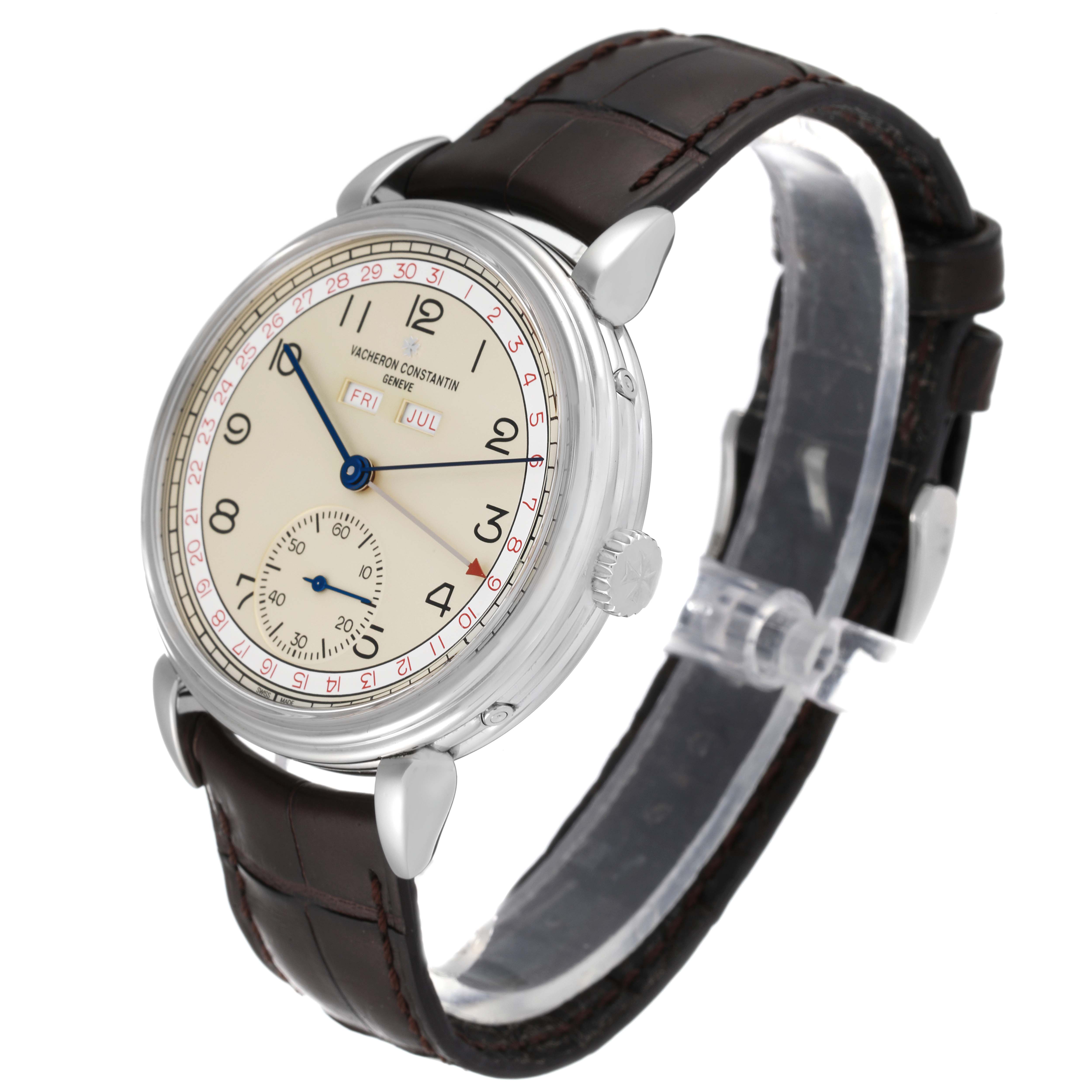 The image shows a front side angle of a Vacheron Constantin Historiques 3110V/000A-B426 Men
s Stainless Steel Silver Dial 3110V/000A-B426 Men
s Stainless Steel Silver Dial model watch with a leather strap and detailed dial.