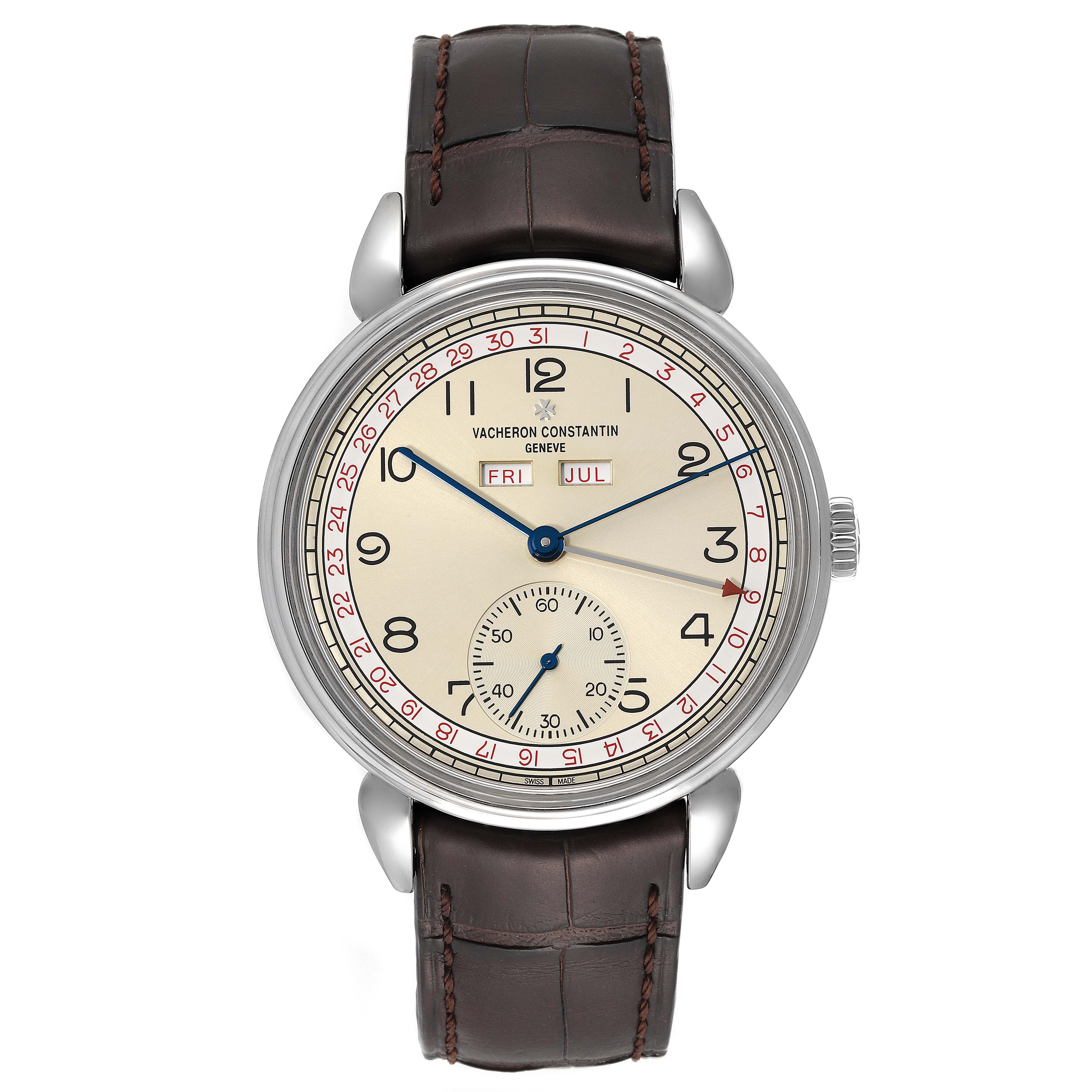 The image shows a front view of a Vacheron Constantin Historiques 3110V/000A-B426 Men
s Stainless Steel Silver Dial 3110V/000A-B426 Men
s Stainless Steel Silver Dial watch, displaying the dial, hands, and strap.