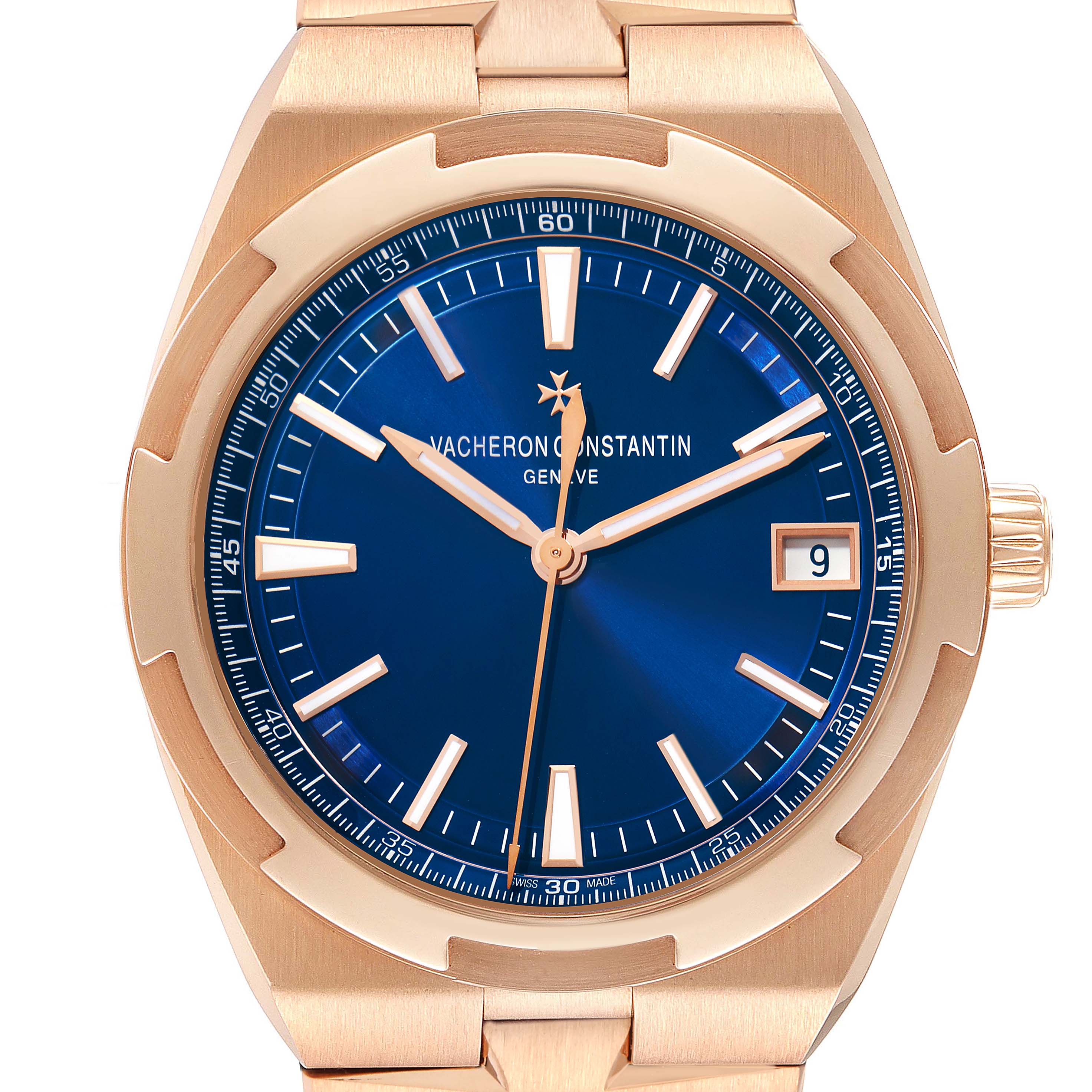 The Vacheron Constantin Overseas model 4500V watch is shown from the front, displaying its blue dial, hour markers, hands, and date window.