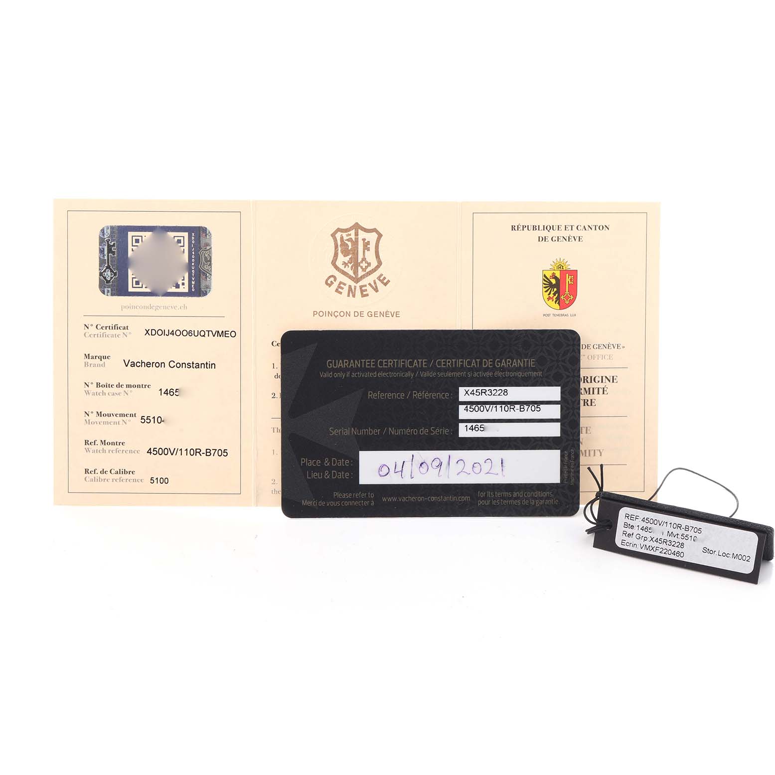 The image shows the guarantee certificate and tags for a Vacheron Constantin Overseas model, model number 4500V, along with the reference and serial numbers.