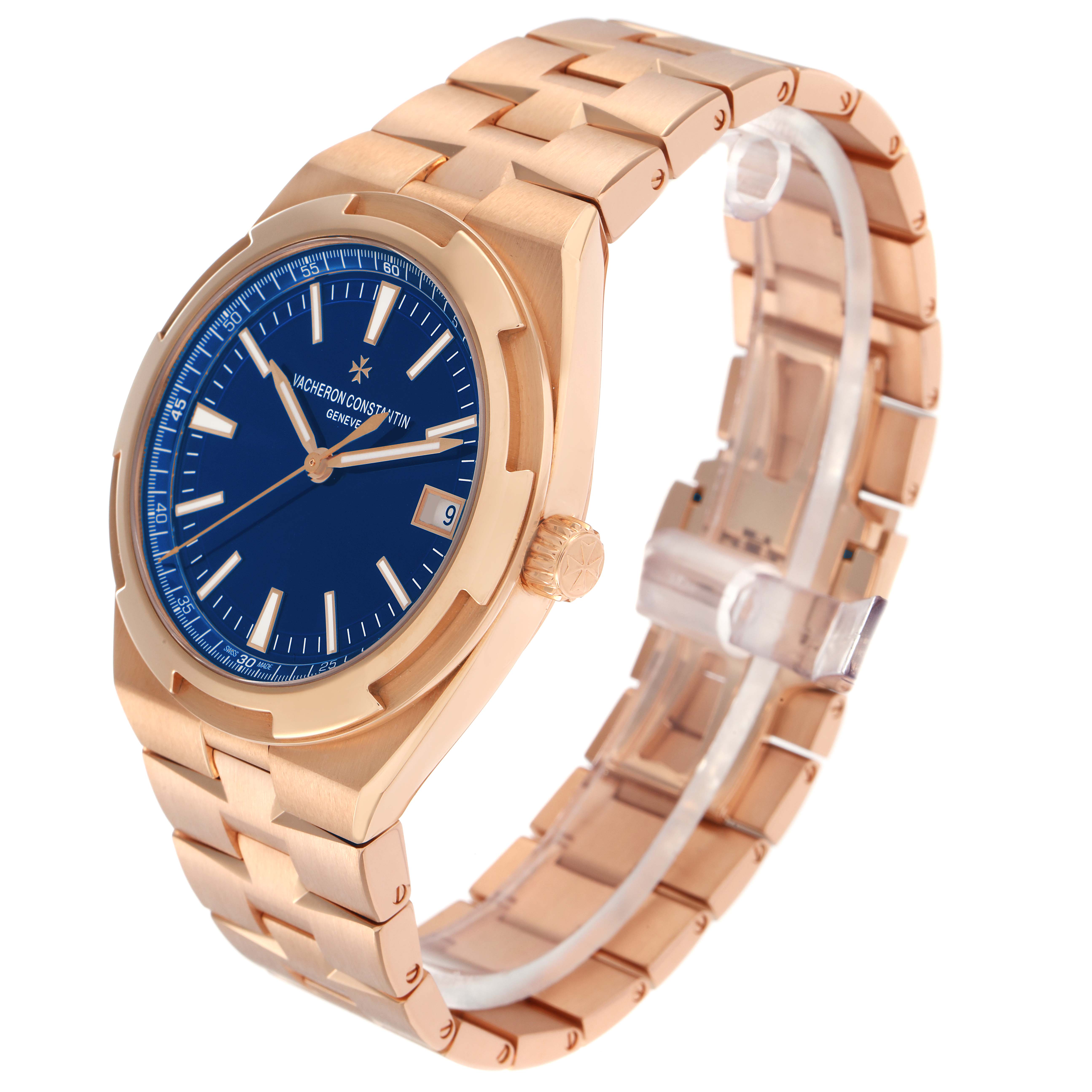 The Vacheron Constantin Overseas model 4500V men's watch is shown at a three-quarter angle, highlighting the blue dial, gold case, crown, and bracelet.