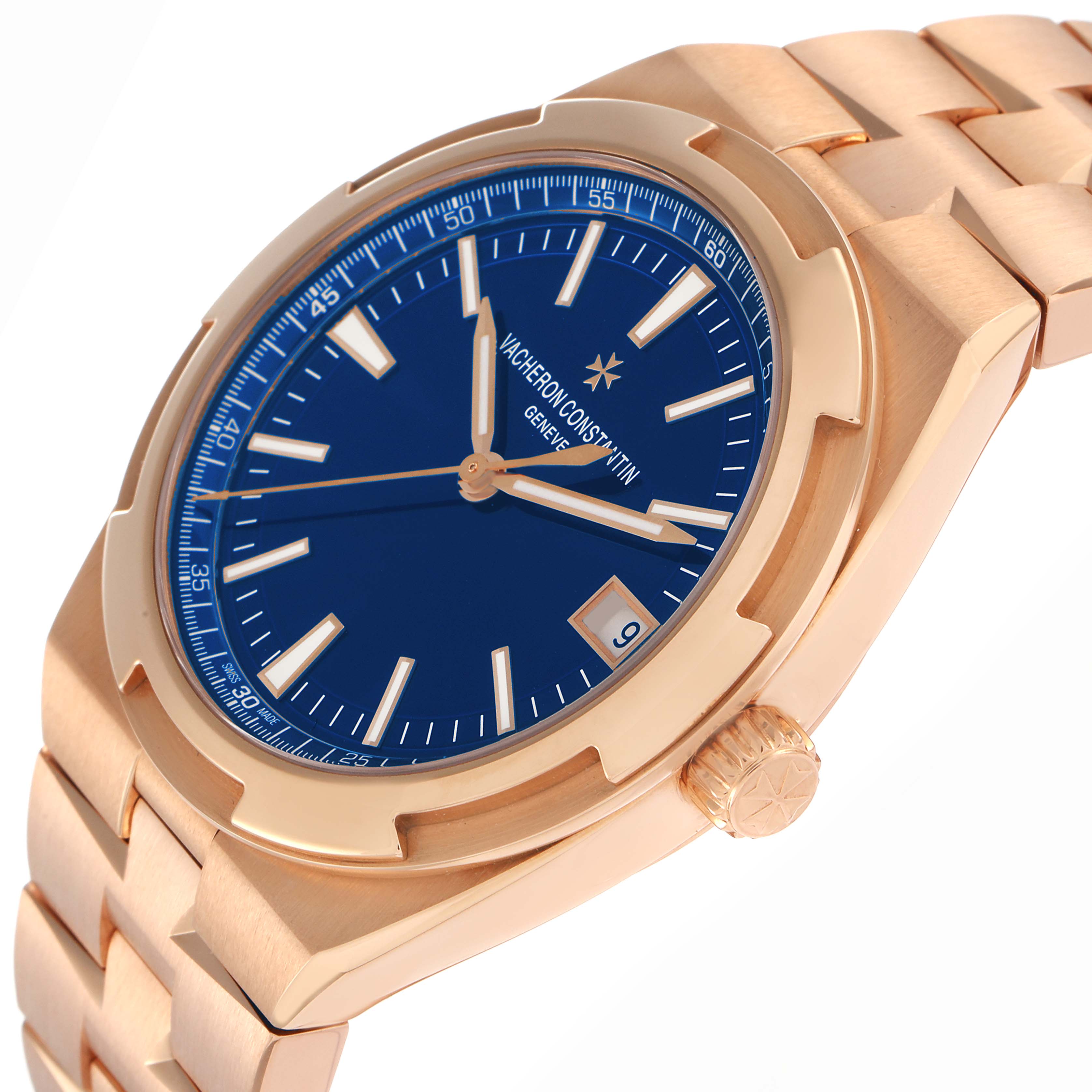 The Vacheron Constantin Overseas model 4500V is shown at an angle highlighting its blue dial, rose gold case, crown, and part of the bracelet.