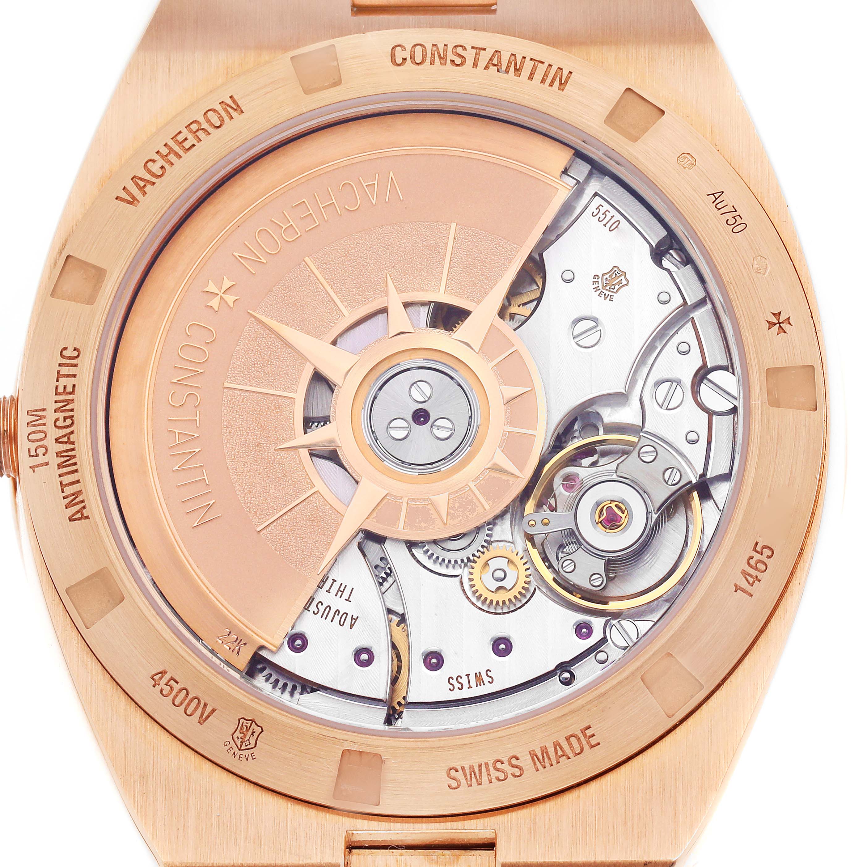 The image shows a detailed view of the movement and rotor of a Vacheron Constantin Overseas model 4500V men's watch from the back.