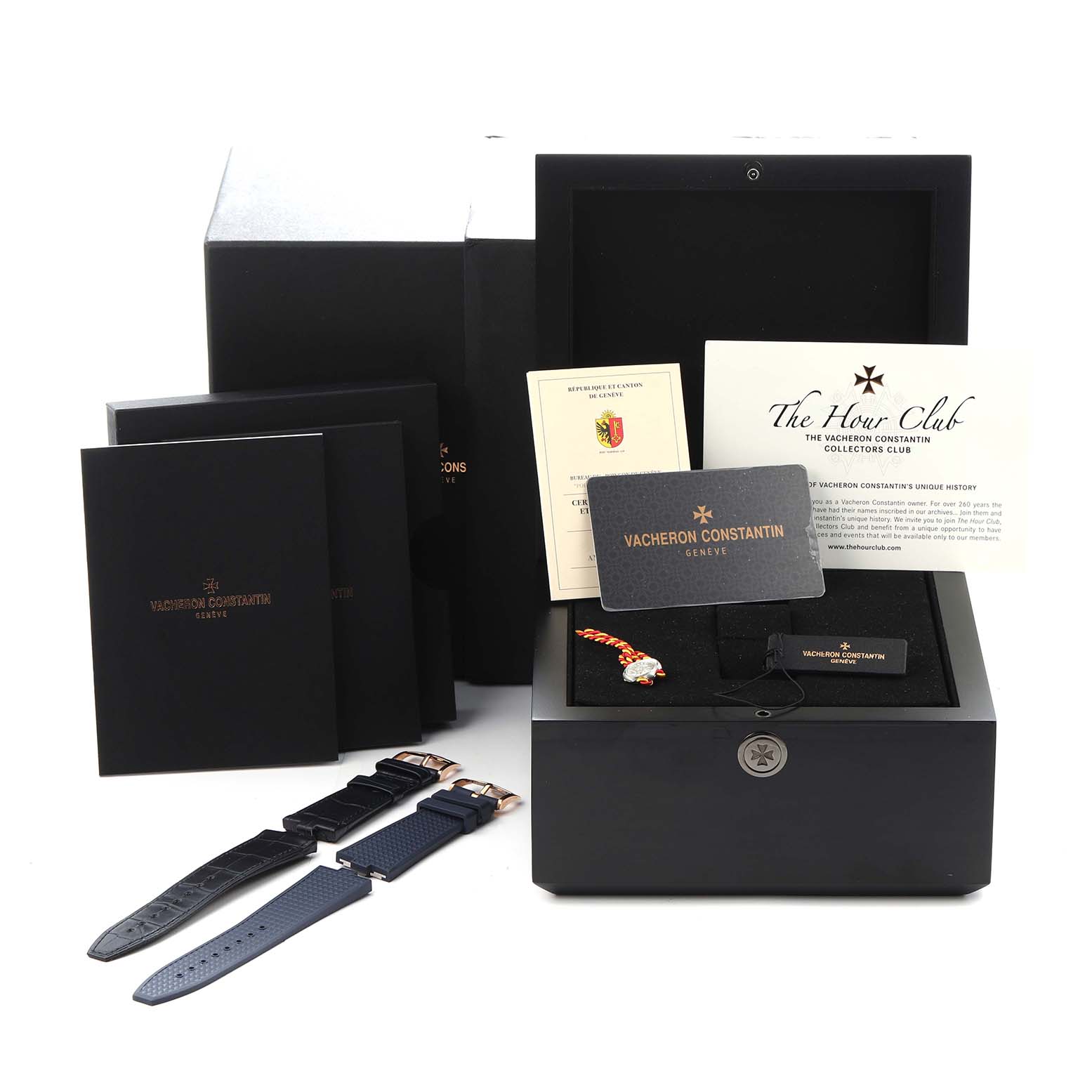 The image shows Vacheron Constantin Overseas model 4500V packaging with multiple booklets, a card, and additional straps displayed alongside the main box.