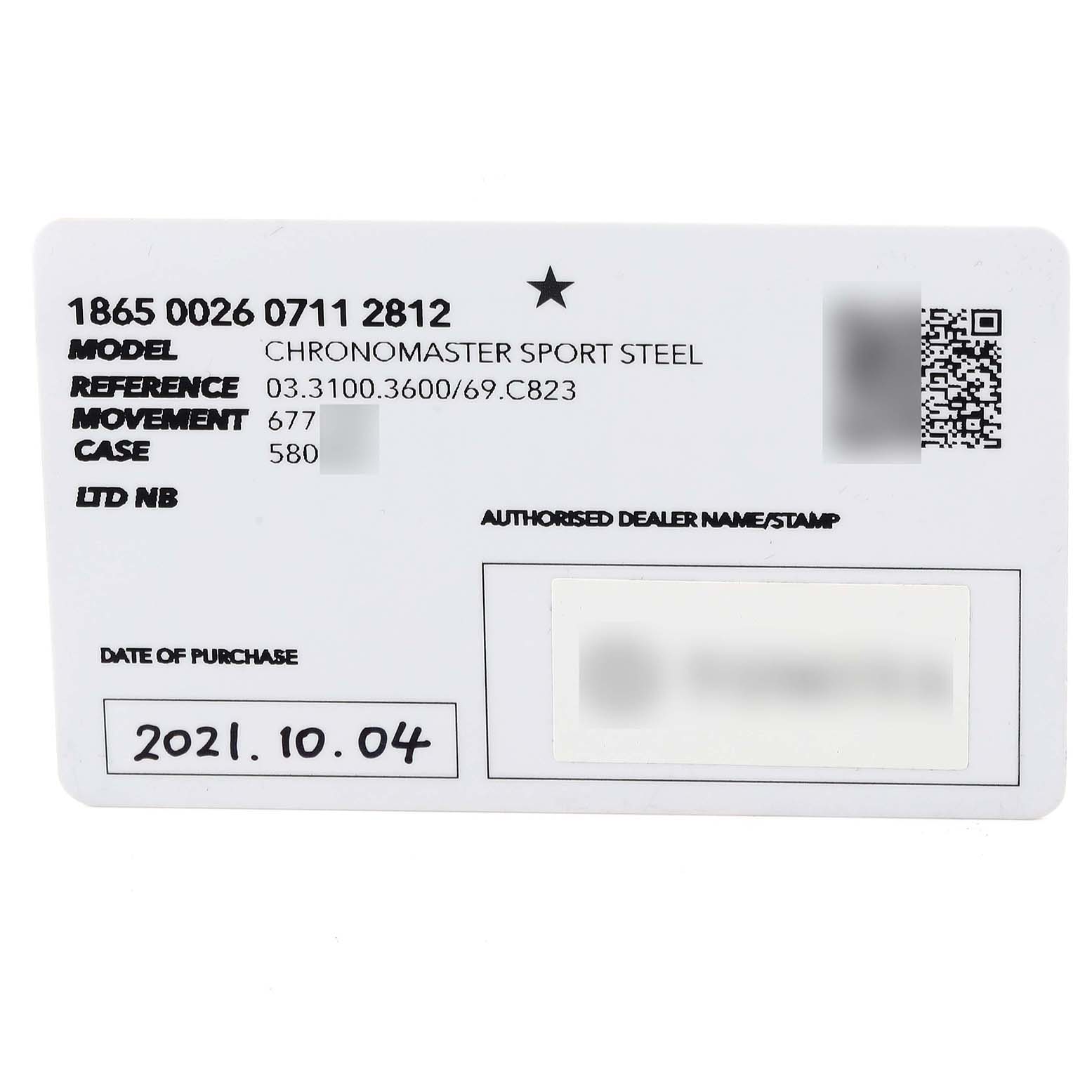 The image shows the warranty card of the Zenith Chronomaster 03.3100.3600/69.C823 Men's Stainless Steel White Dial 03.3100.3600/69.C823 Men's Stainless Steel White Dial Sport Steel watch, displaying model and purchase details.