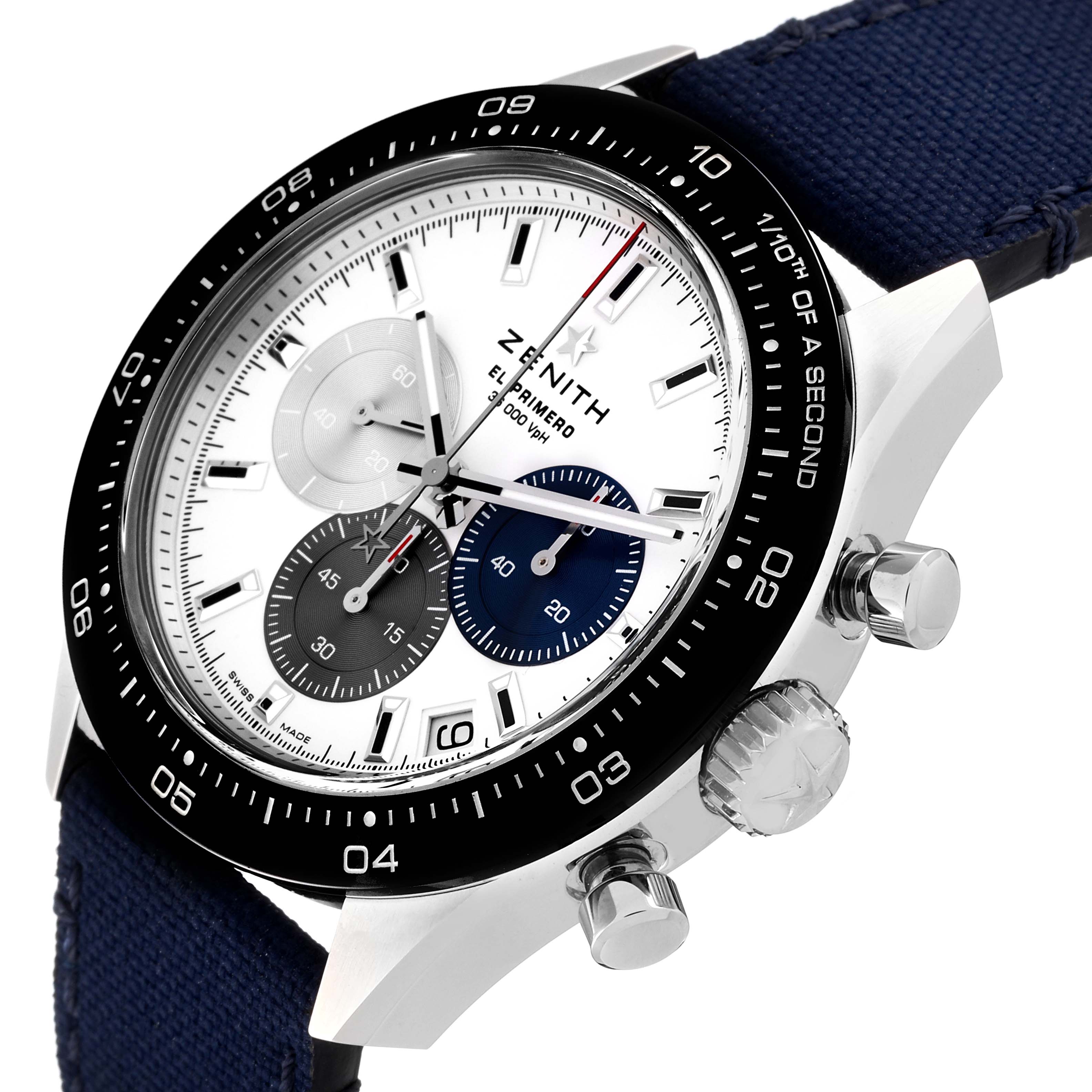 This image shows a Zenith Chronomaster 03.3100.3600/69.C823 Men's Stainless Steel White Dial 03.3100.3600/69.C823 Men's Stainless Steel White Dial watch at a three-quarter angle, highlighting the dial, bezel, push buttons, and crown.