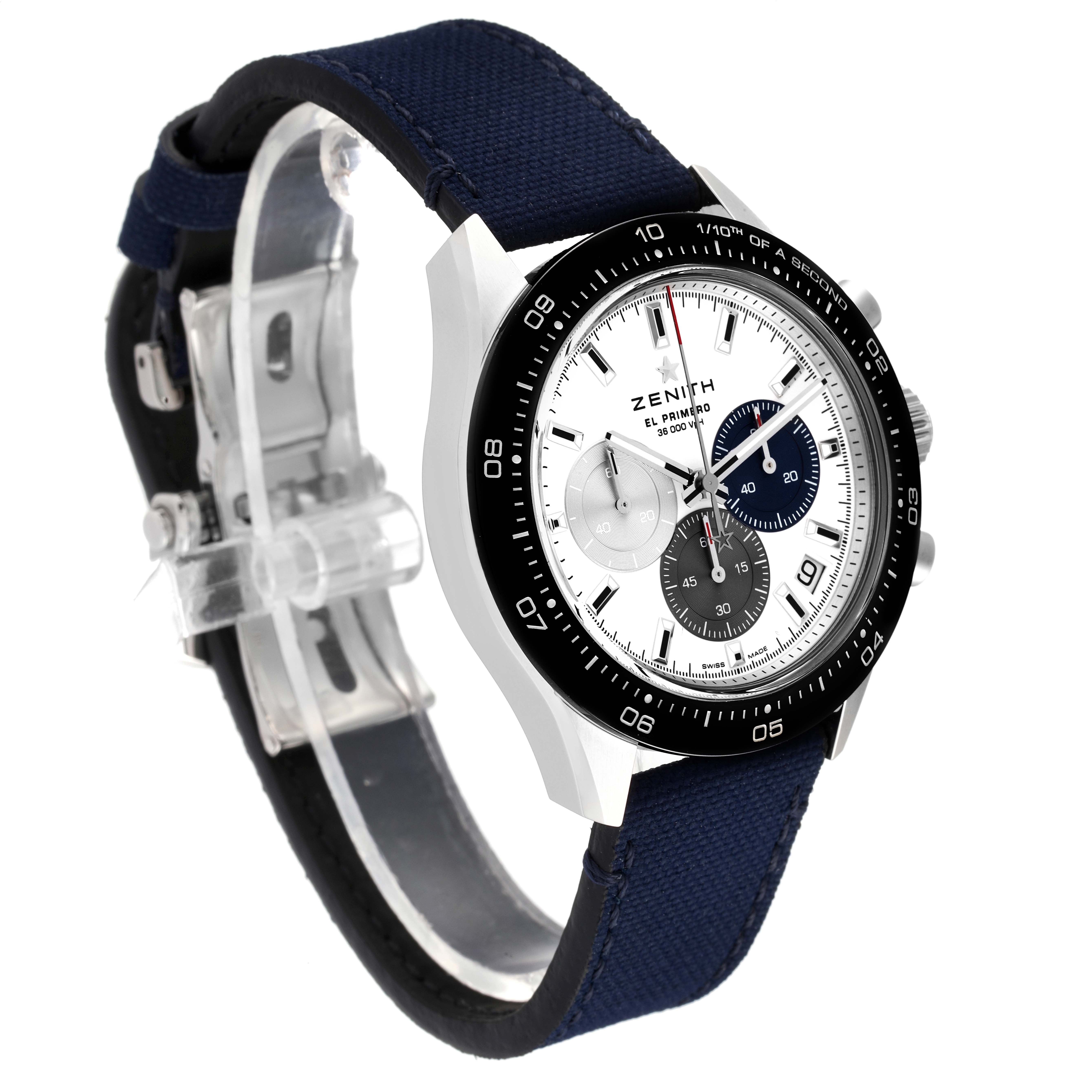 The image shows a Zenith Chronomaster 03.3100.3600/69.C823 Men's Stainless Steel White Dial 03.3100.3600/69.C823 Men's Stainless Steel White Dial watch at a slight angle, showcasing the dial, bezel, chronograph subdials, and the strap.