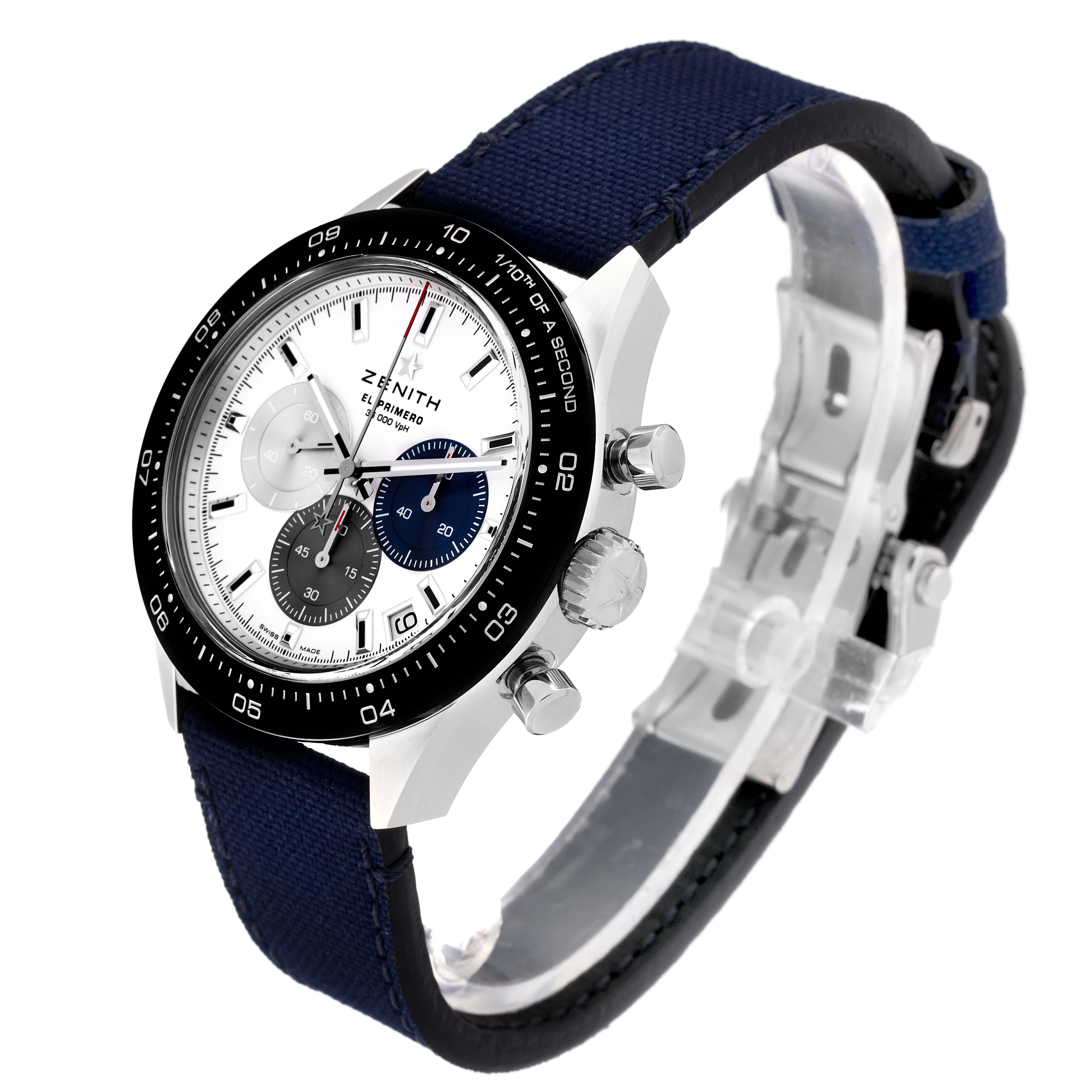 This Zenith Chronomaster 03.3100.3600/69.C823 Men's Stainless Steel White Dial 03.3100.3600/69.C823 Men's Stainless Steel White Dial watch is shown at a three-quarter angle view, displaying its dial, bezel, pushers, and strap clearly.