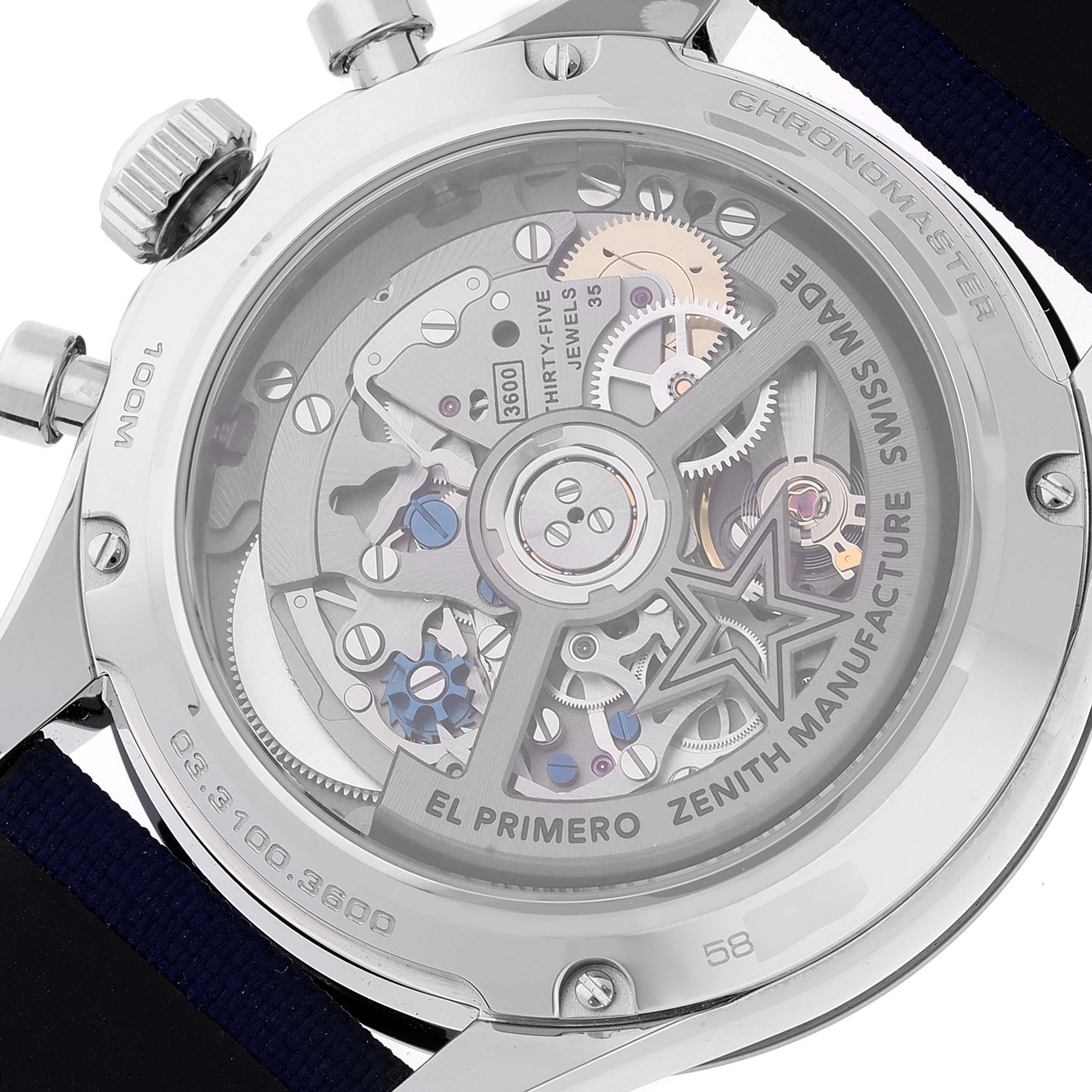 The image shows the back view of the Zenith Chronomaster 03.3100.3600/69.C823 Men's Stainless Steel White Dial 03.3100.3600/69.C823 Men's Stainless Steel White Dial watch, highlighting its intricate mechanical movement.