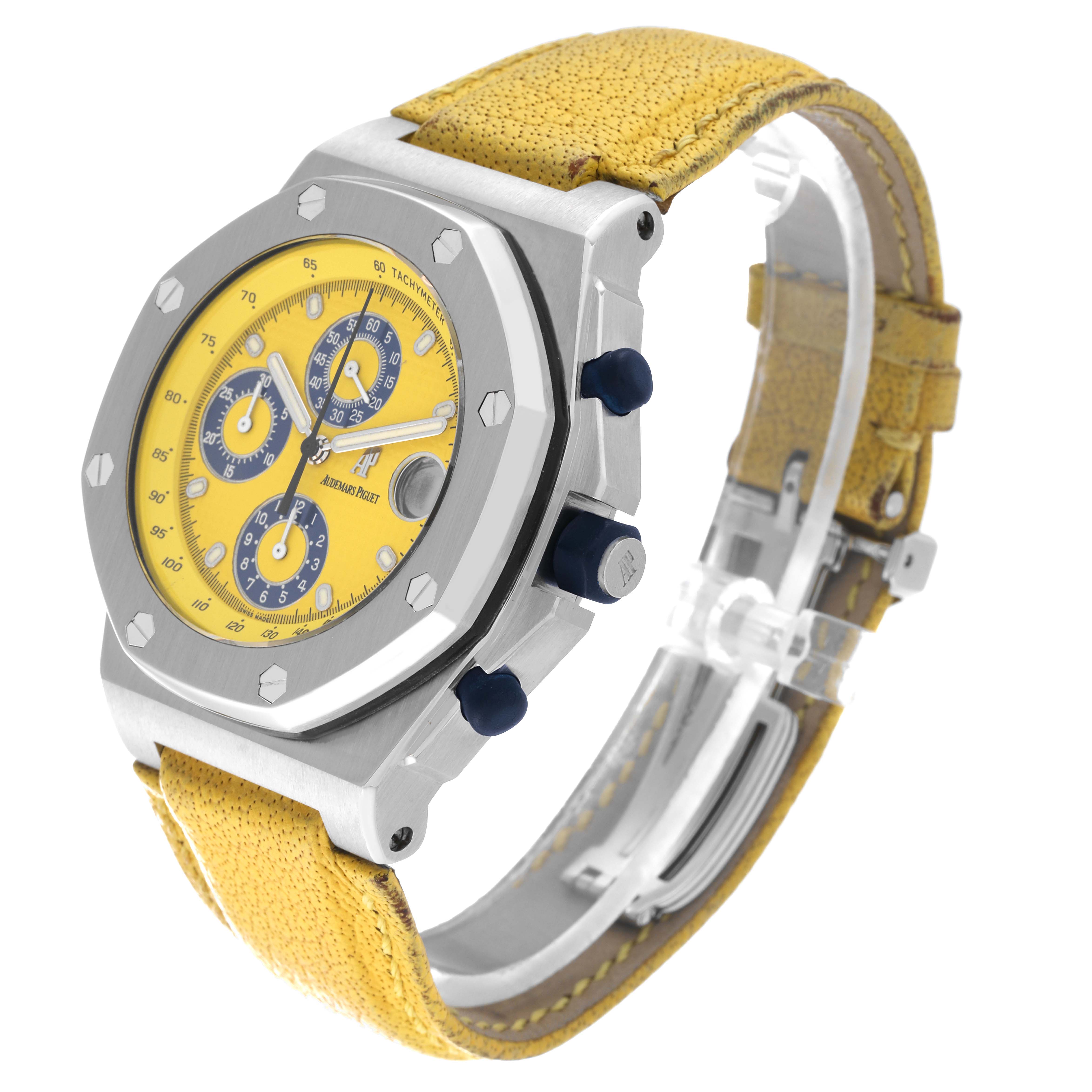 The image shows an angled view of an Audemars Piguet Royal Oak Offshore 25770ST.OO.D009XX.02 Men's Stainless Steel Yellow Dial 25770ST.OO.D009XX.02 Men's Stainless Steel Yellow Dial watch featuring a yellow dial and strap.